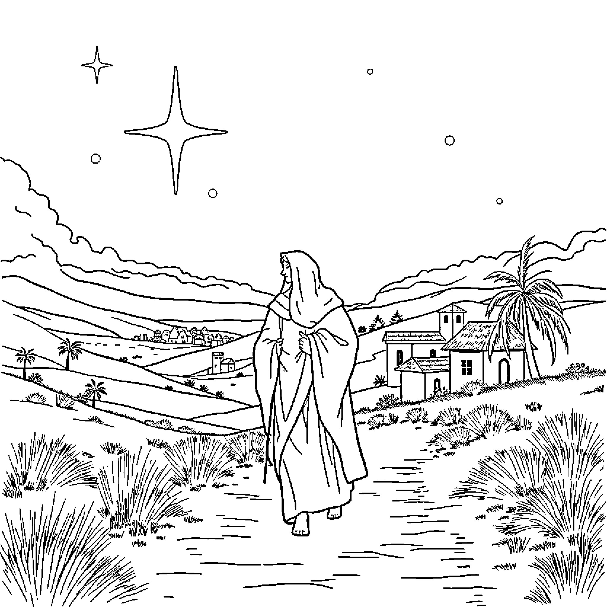 Mary and Joseph journey through the desert Coloring Page (free black-and-white line drawing printable PDF for all, from beginners to advanced learners, including children, teens, adults, and seniors)