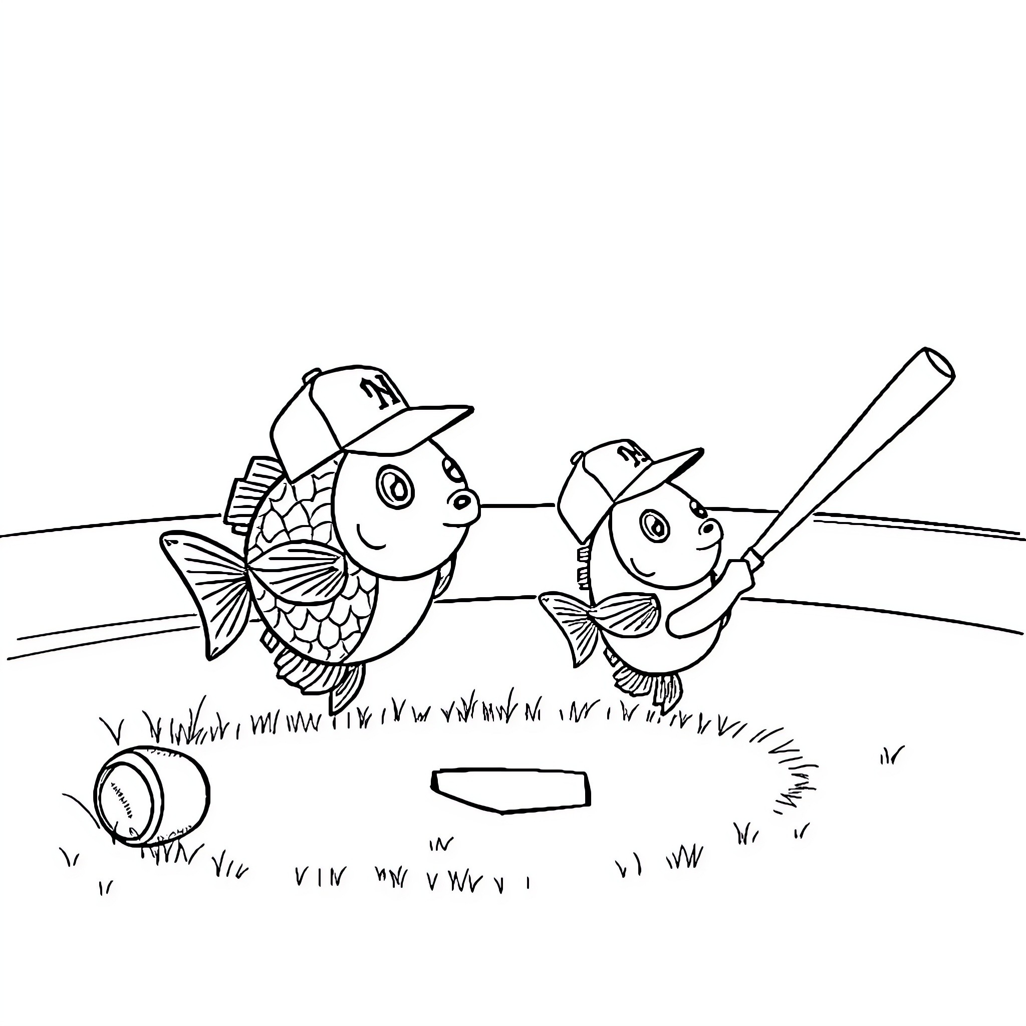 Fish playing baseball together on the field Coloring Page (free black-and-white line drawing printable PDF for all, from beginners to advanced learners, including children, teens, adults, and seniors)
