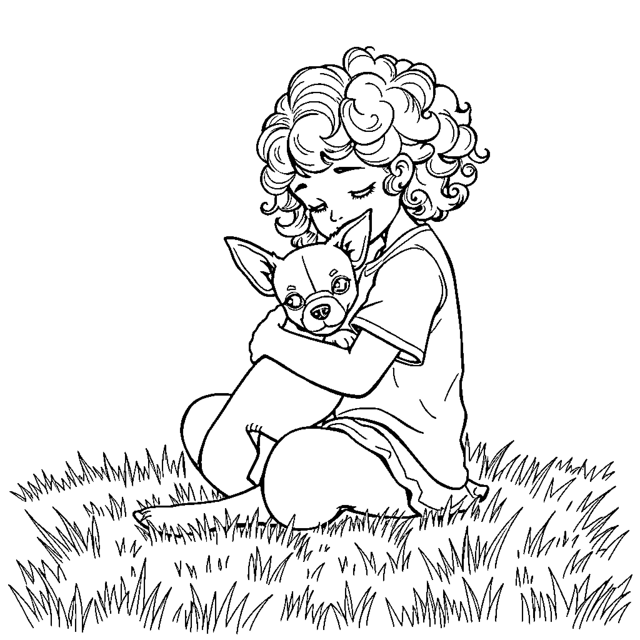 Chihuahua puppy cuddling with girl in field Coloring Page (free black-and-white line drawing printable PDF for all, from beginners to advanced learners, including children, teens, adults, and seniors)