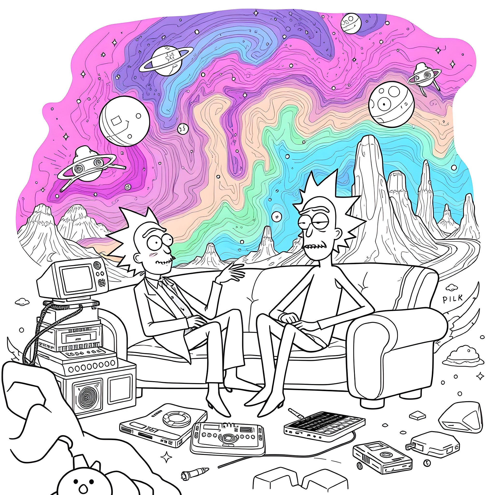 Rick And Morty exploring the colorful cosmic universe Coloring Page (free black-and-white line drawing printable PDF for all, from beginners to advanced learners, including children, teens, adults, and seniors)