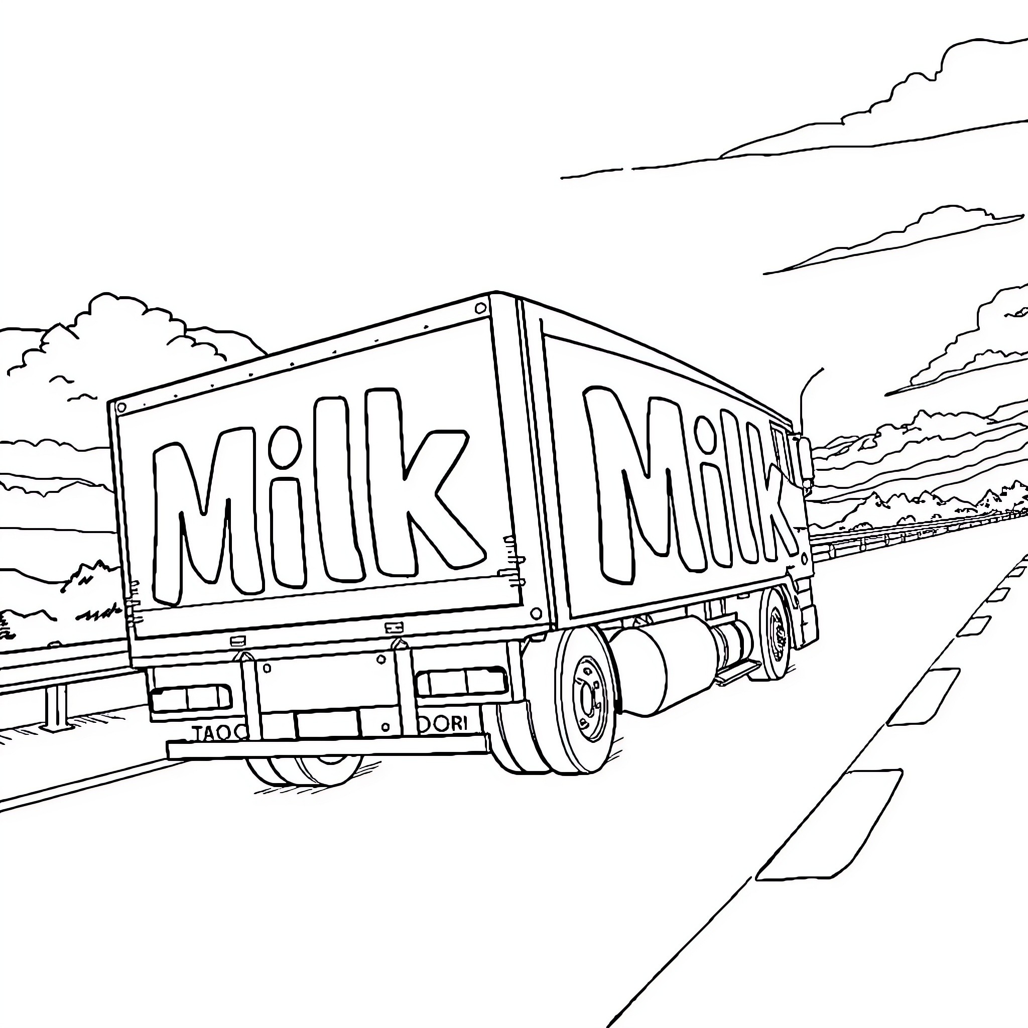 Truck Transporting Milk on the Road Coloring Page (free black-and-white line drawing printable PDF for all, from beginners to advanced learners, including children, teens, adults, and seniors)