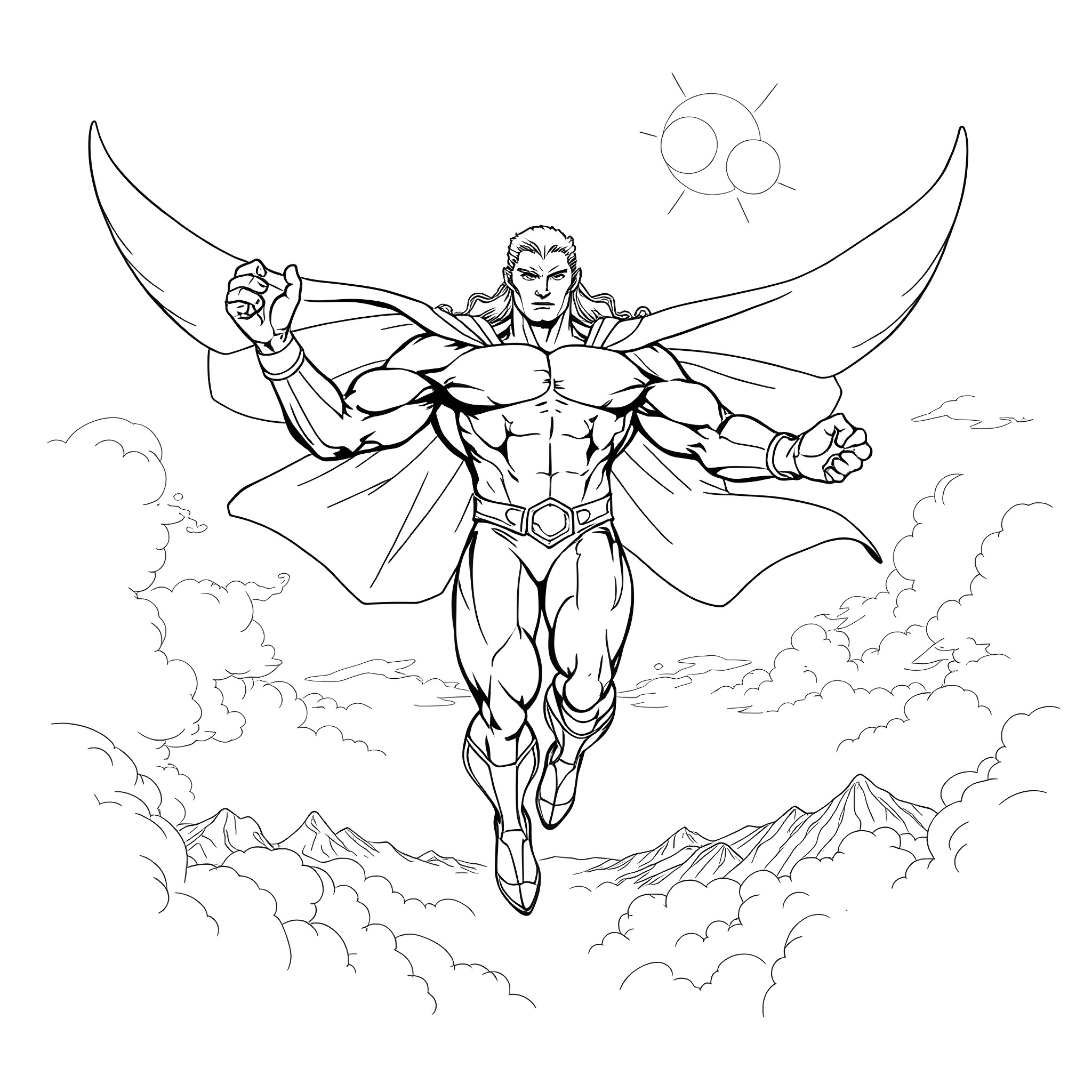 Omniman soaring through the clouds Coloring Page (free black-and-white line drawing printable PDF for all, from beginners to advanced learners, including children, teens, adults, and seniors)