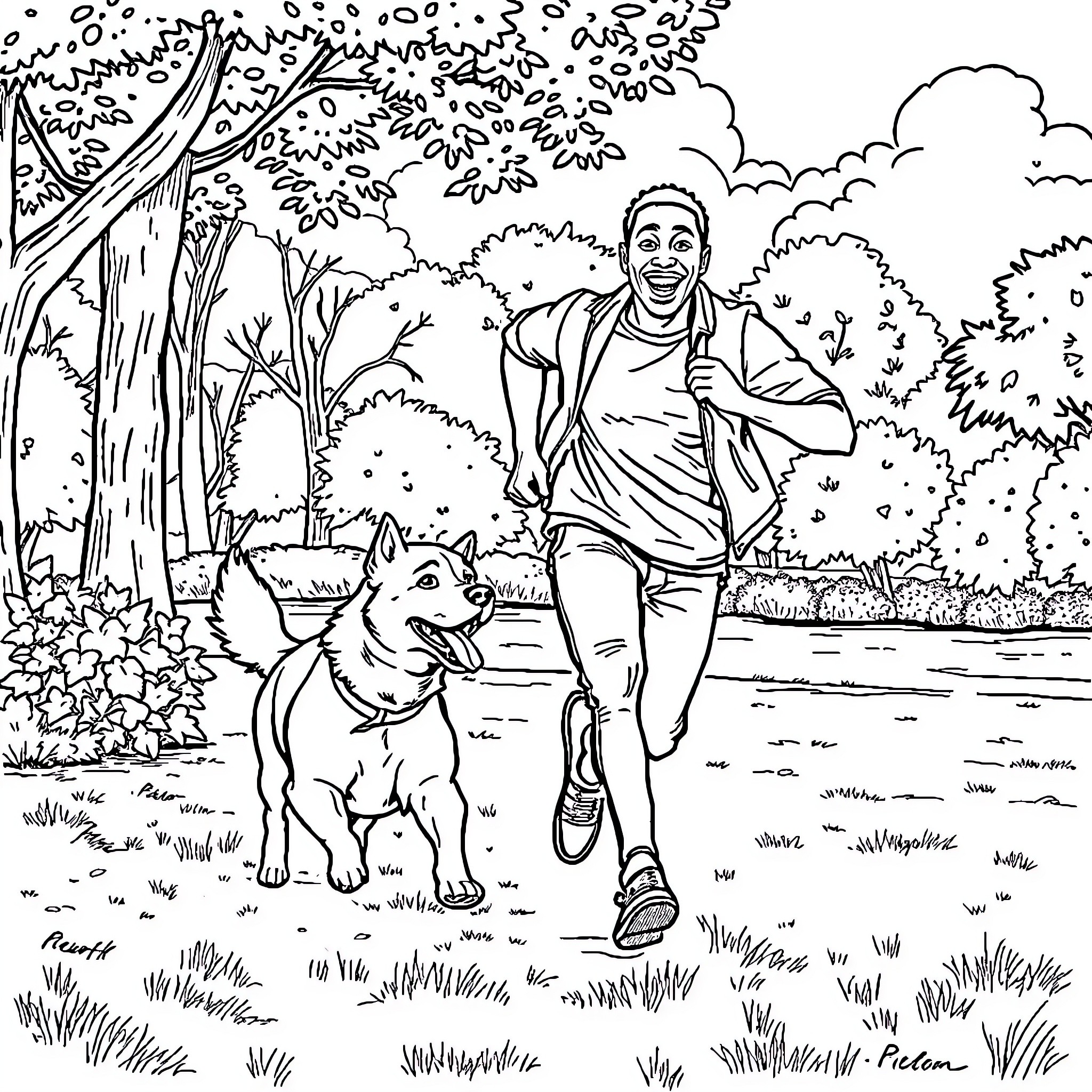 Dog Happily Accompanying Human On Nature Walk Coloring Page (free black-and-white line drawing printable PDF for all, from beginners to advanced learners, including children, teens, adults, and seniors)