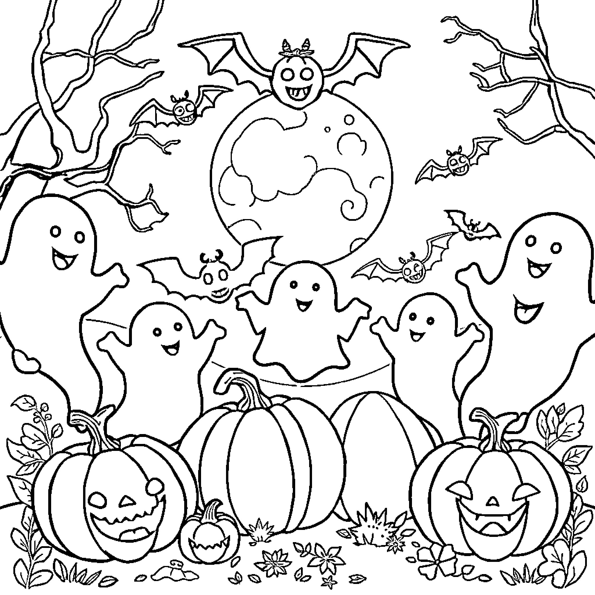 Halloween night with ghosts, bats, and pumpkins Coloring Page (free black-and-white line drawing printable PDF for all, from beginners to advanced learners, including children, teens, adults, and seniors)