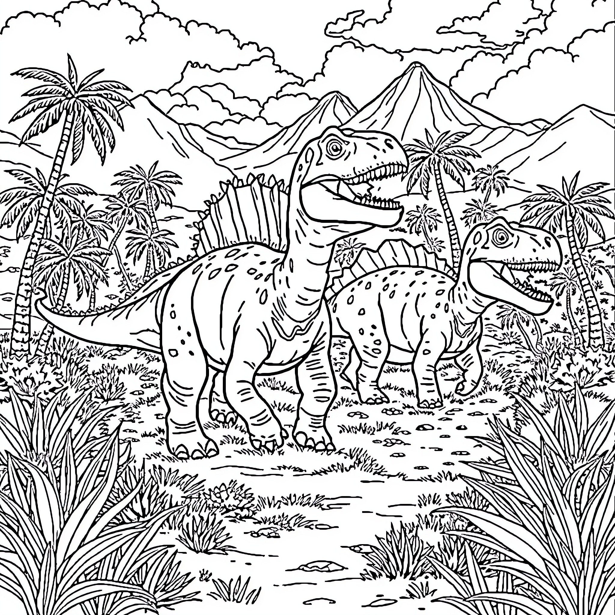 Dinosaurs exploring a lush prehistoric landscape Coloring Page (free black-and-white line drawing printable PDF for all, from beginners to advanced learners, including children, teens, adults, and seniors)