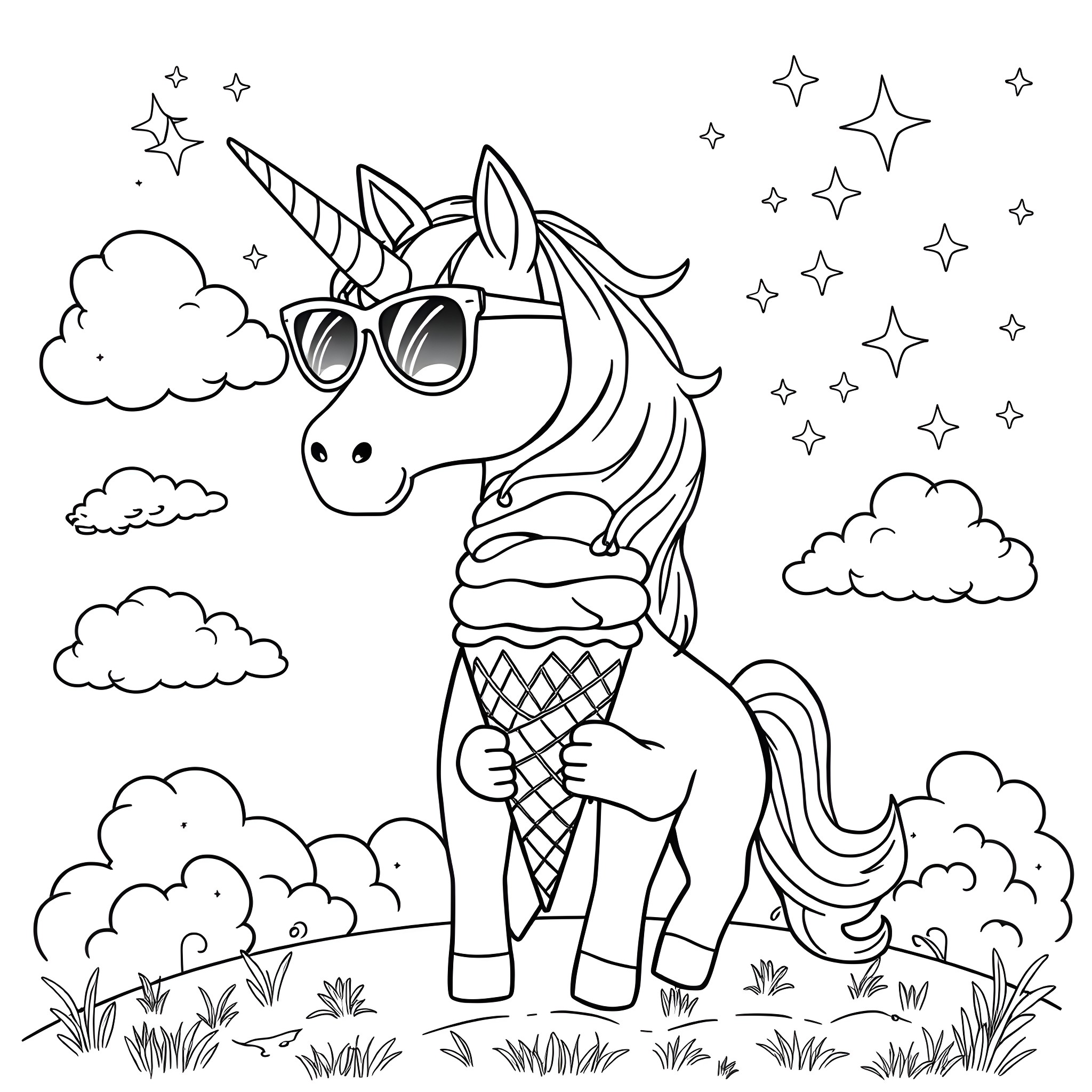 Unicorn enjoying an ice cream cone in a whimsical setting Coloring Page (free black-and-white line drawing printable PDF for all, from beginners to advanced learners, including children, teens, adults, and seniors)