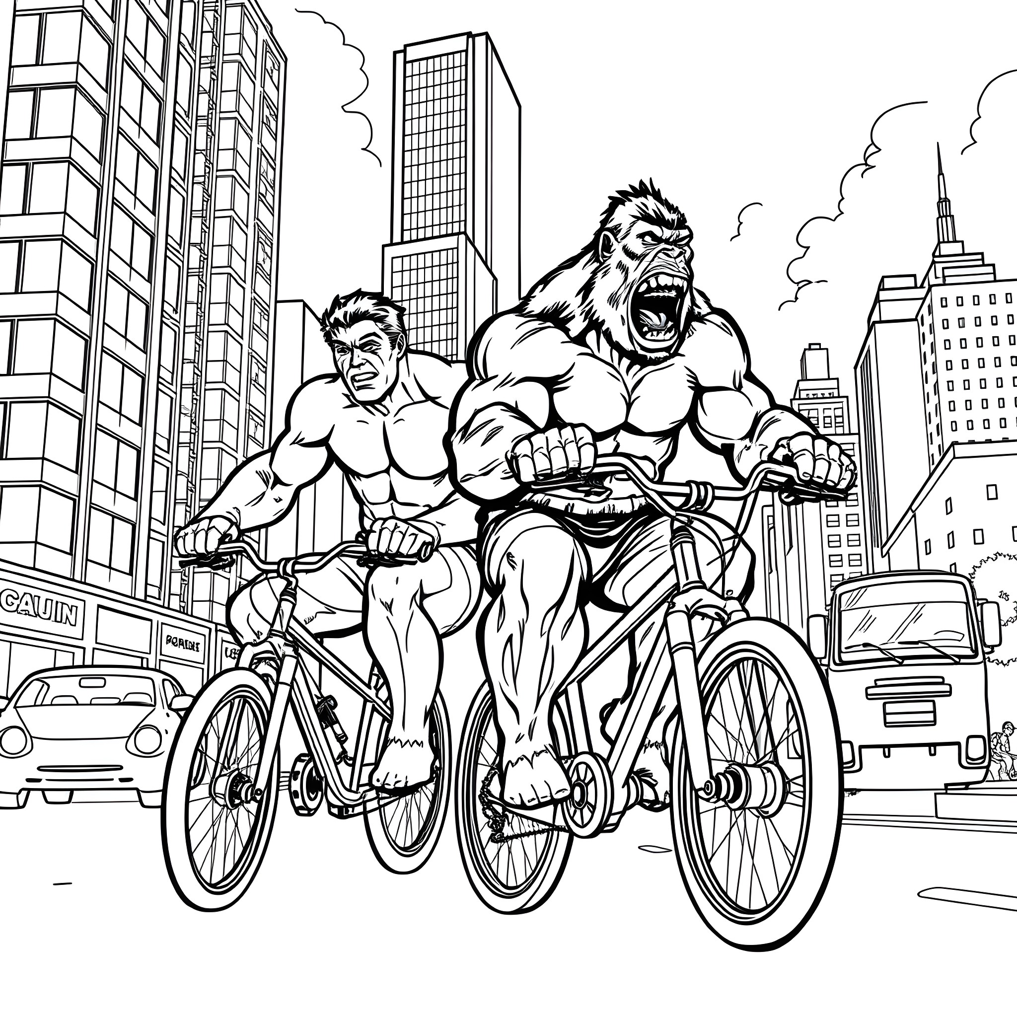 Hulk and Man Riding Bicycles in the City Coloring Page (free black-and-white line drawing printable PDF for all, from beginners to advanced learners, including children, teens, adults, and seniors)
