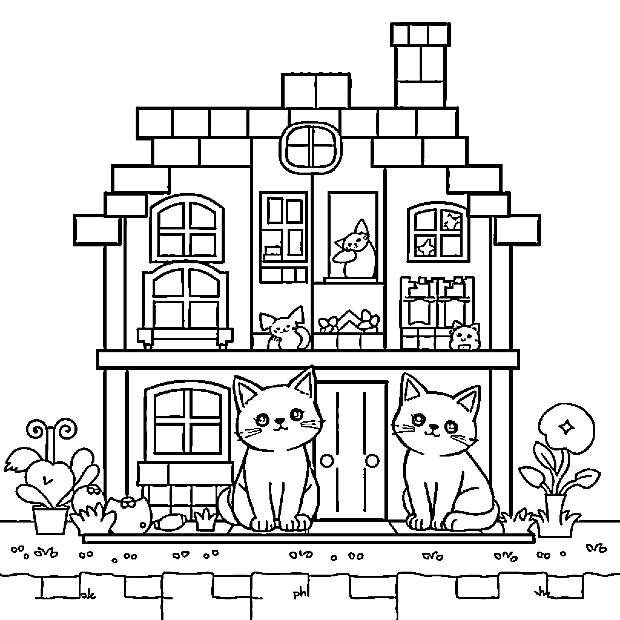 Cat-themed house with adorable feline residents Coloring Page (free black-and-white line drawing printable PDF for all, from beginners to advanced learners, including children, teens, adults, and seniors)