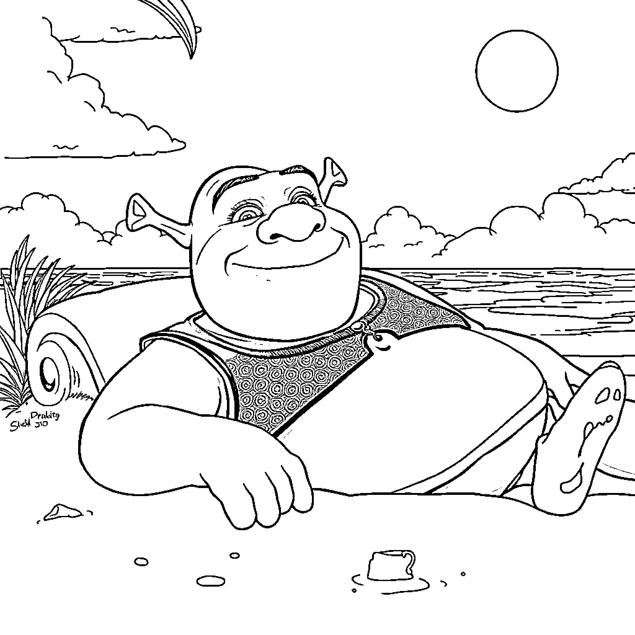 Shrek relaxing on the beach with friends Coloring Page (free black-and-white line drawing printable PDF for all, from beginners to advanced learners, including children, teens, adults, and seniors)