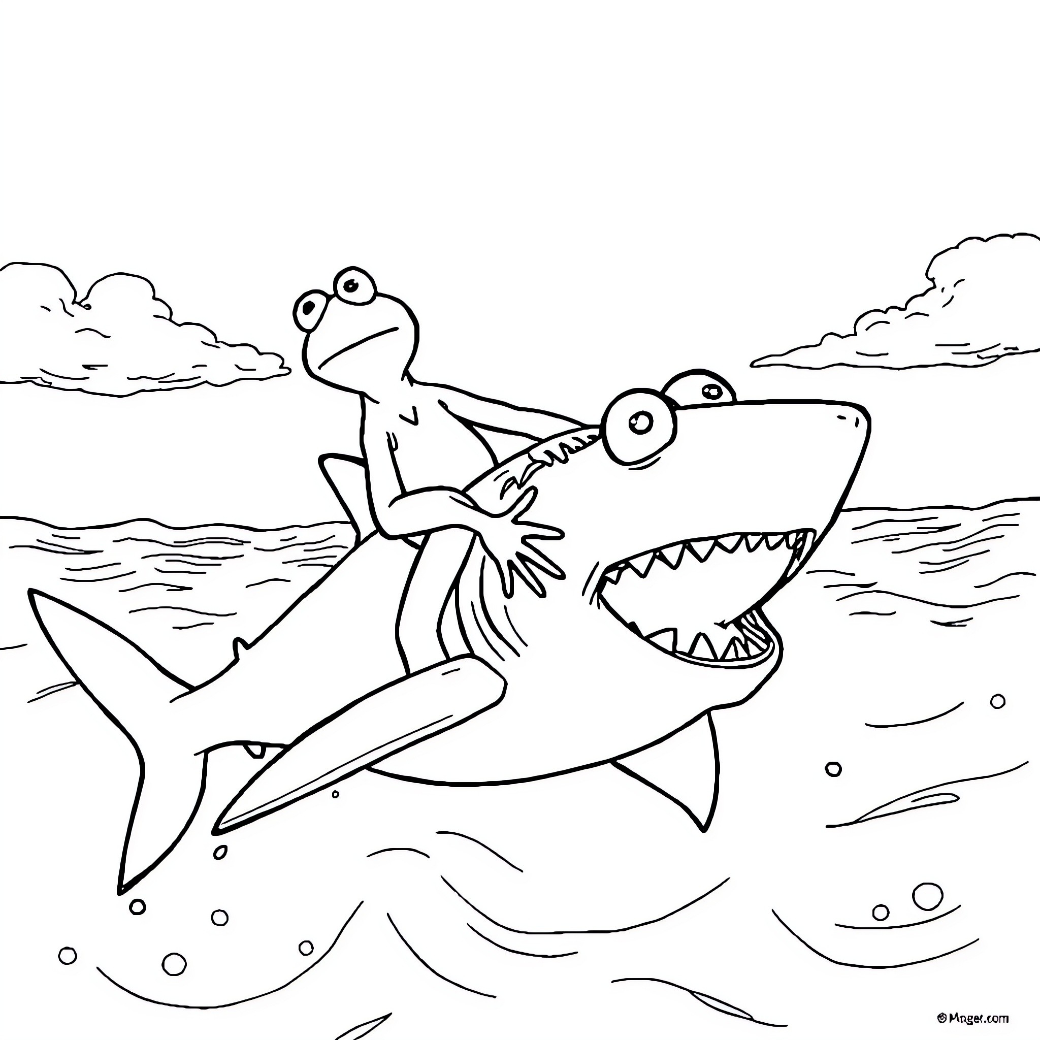 Kermit riding a shark in the ocean Coloring Page (free black-and-white line drawing printable PDF for all, from beginners to advanced learners, including children, teens, adults, and seniors)