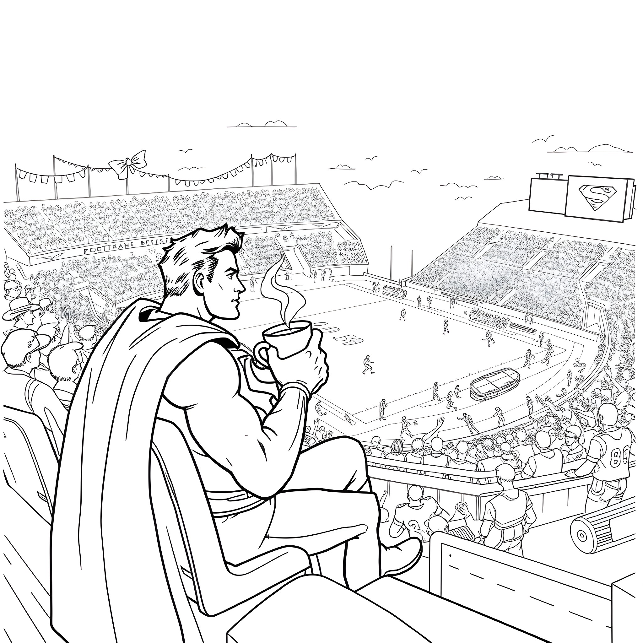 Superman enjoying a hot beverage at the big game Coloring Page (free black-and-white line drawing printable PDF for all, from beginners to advanced learners, including children, teens, adults, and seniors)