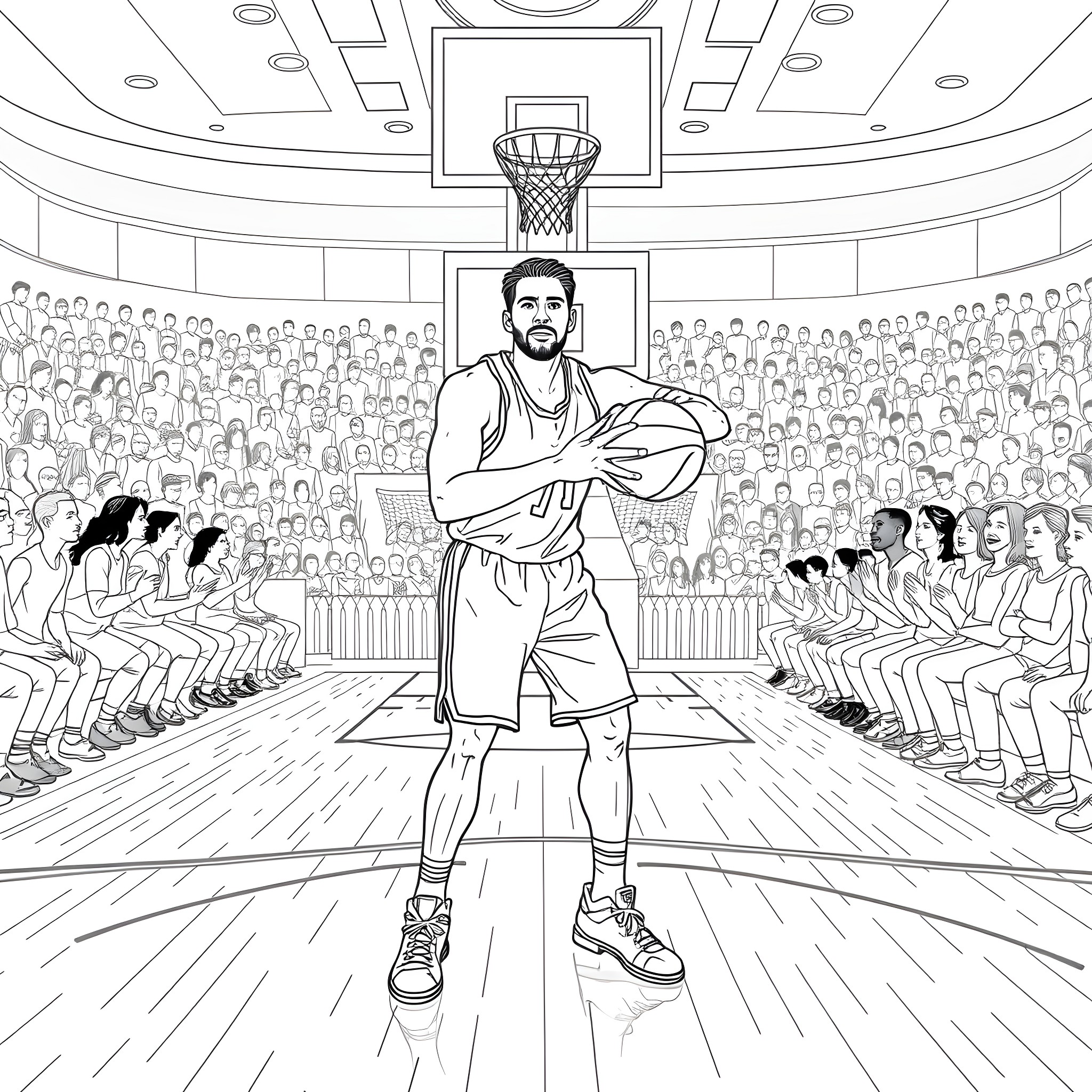 Basketball Player Performing on Court with Fans Coloring Page (free black-and-white line drawing printable PDF for all, from beginners to advanced learners, including children, teens, adults, and seniors)