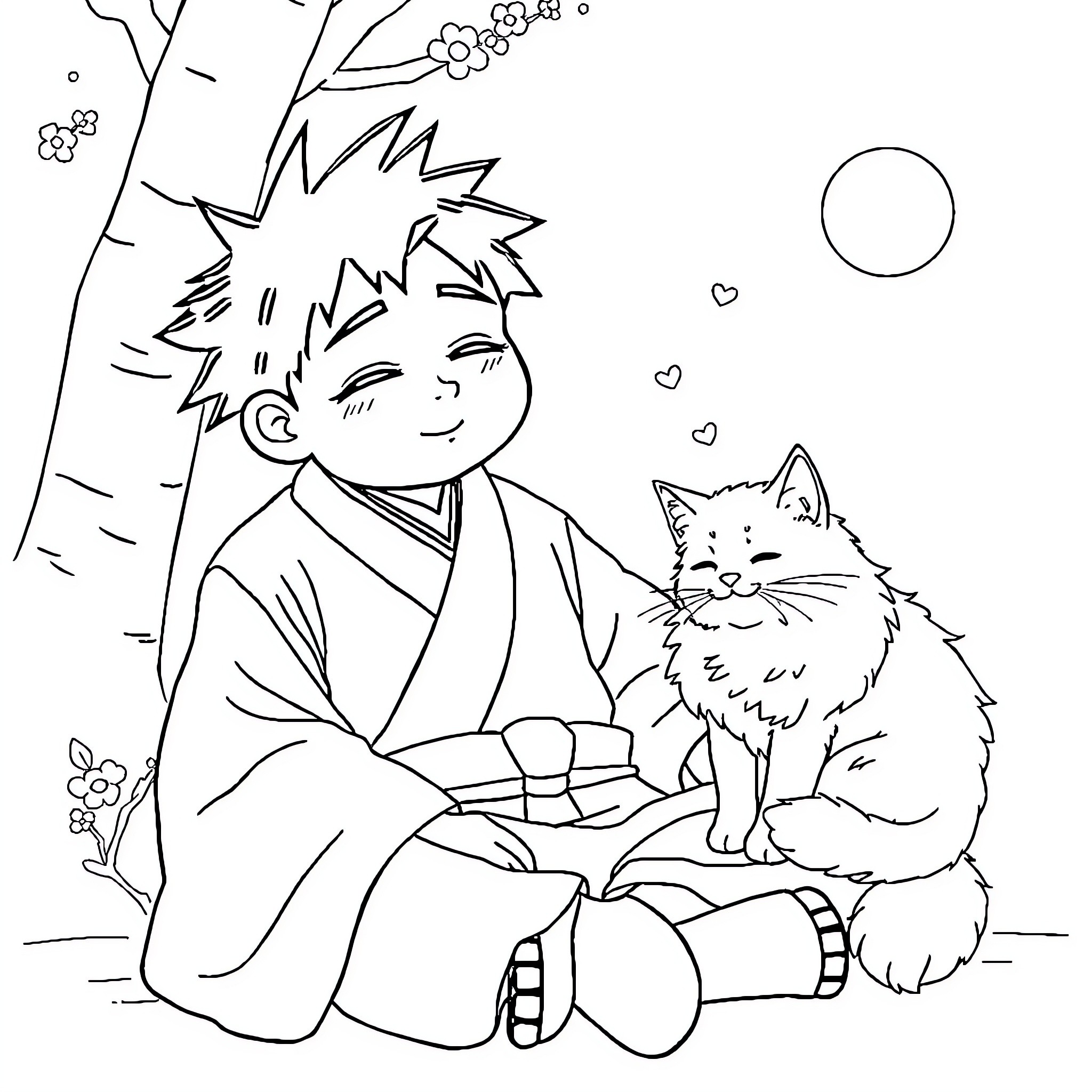 Tanjiro enjoying nature with his feline companion Coloring Page (free black-and-white line drawing printable PDF for all, from beginners to advanced learners, including children, teens, adults, and seniors)