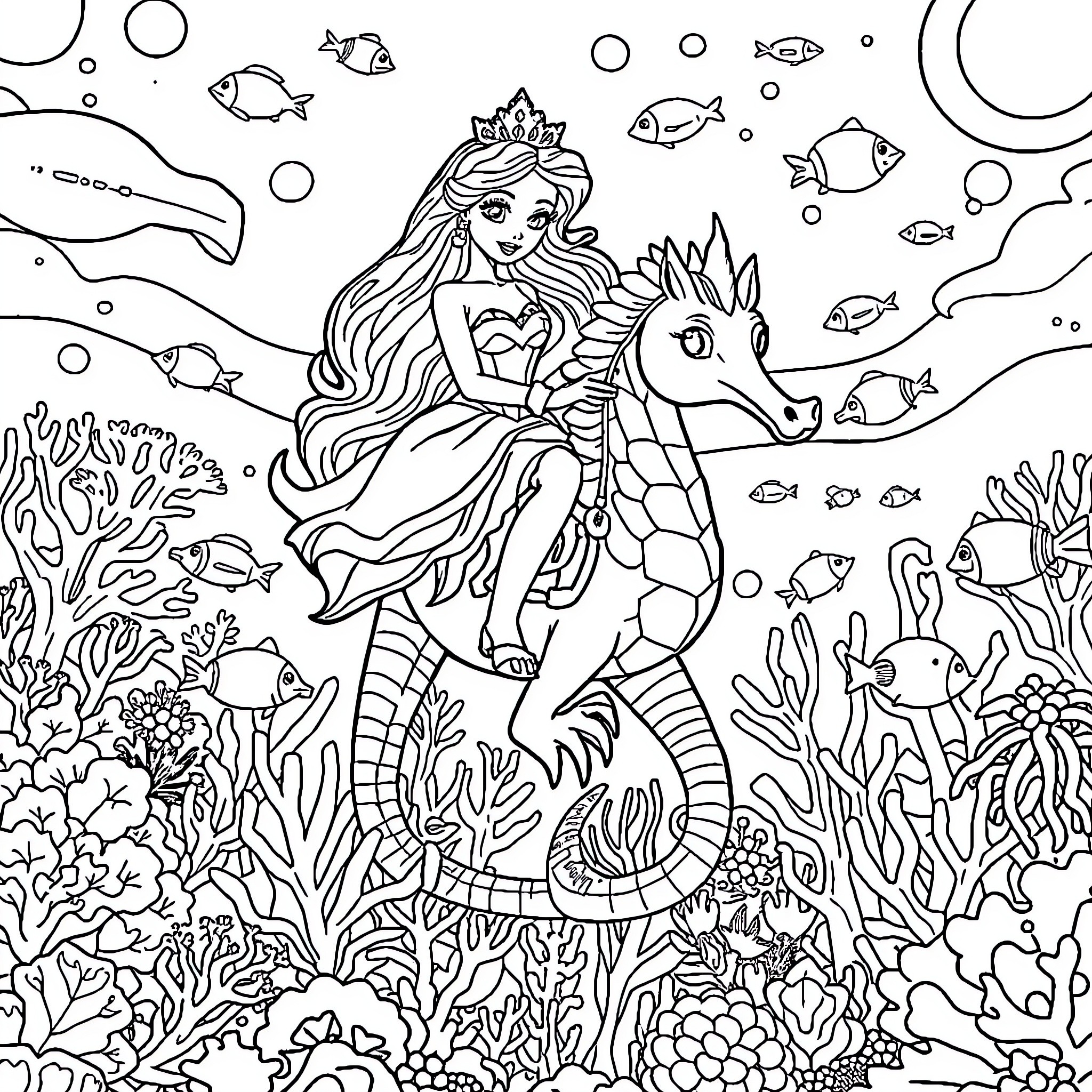 Princess riding a sea horse through an underwater wonderland Coloring Page (free black-and-white line drawing printable PDF for all, from beginners to advanced learners, including children, teens, adults, and seniors)