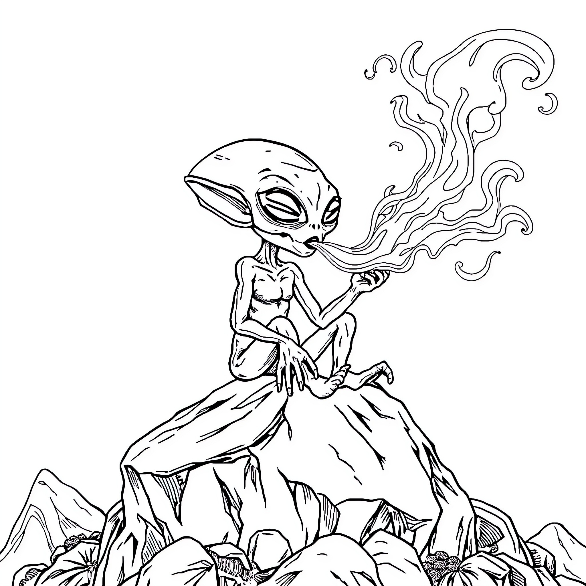 Alien Creature Emerging from Mysterious Landscape Coloring Page (free black-and-white line drawing printable PDF for all, from beginners to advanced learners, including children, teens, adults, and seniors)