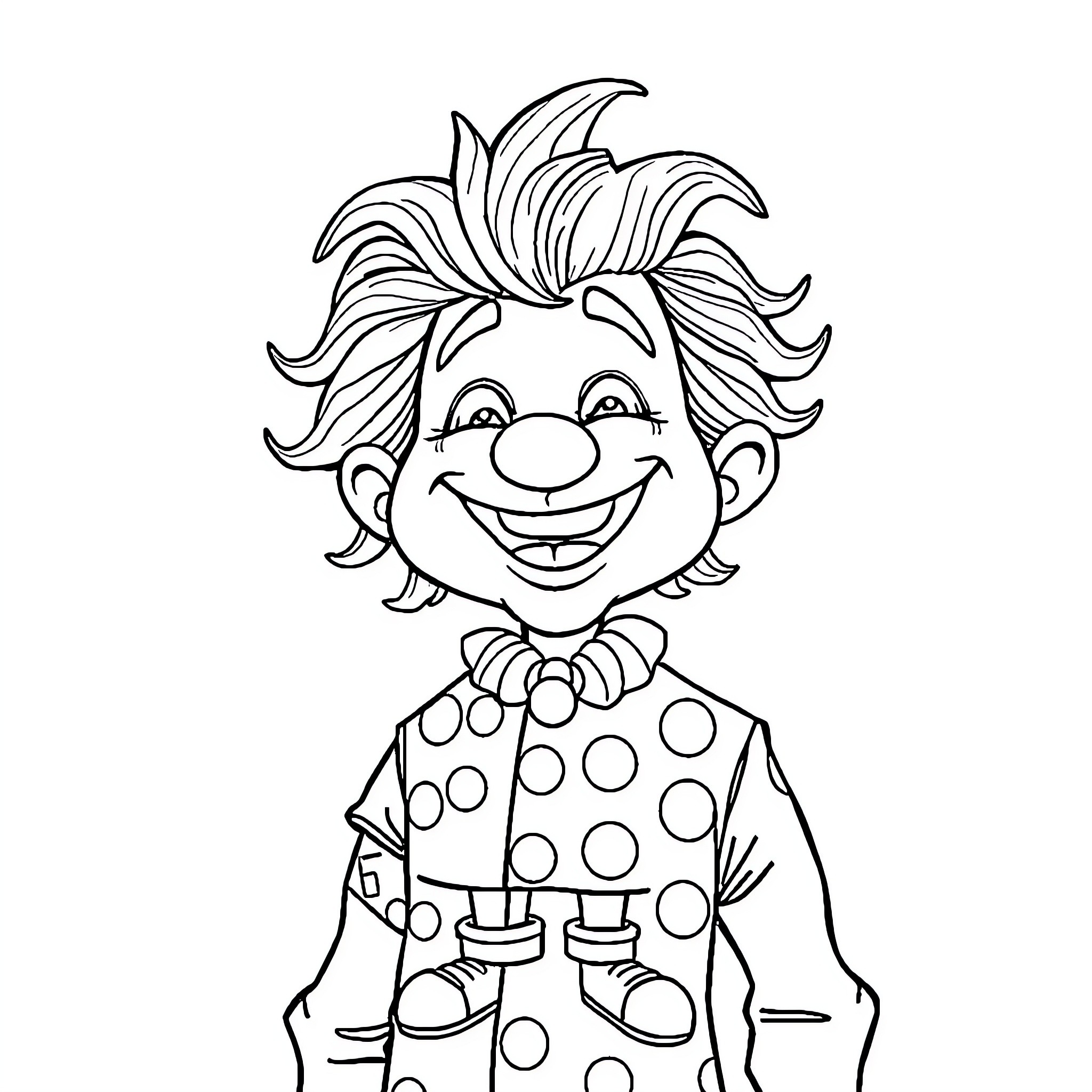 Clown with a Cheerful Expression and Polka Dot Outfit Coloring Page (free black-and-white line drawing printable PDF for all, from beginners to advanced learners, including children, teens, adults, and seniors)