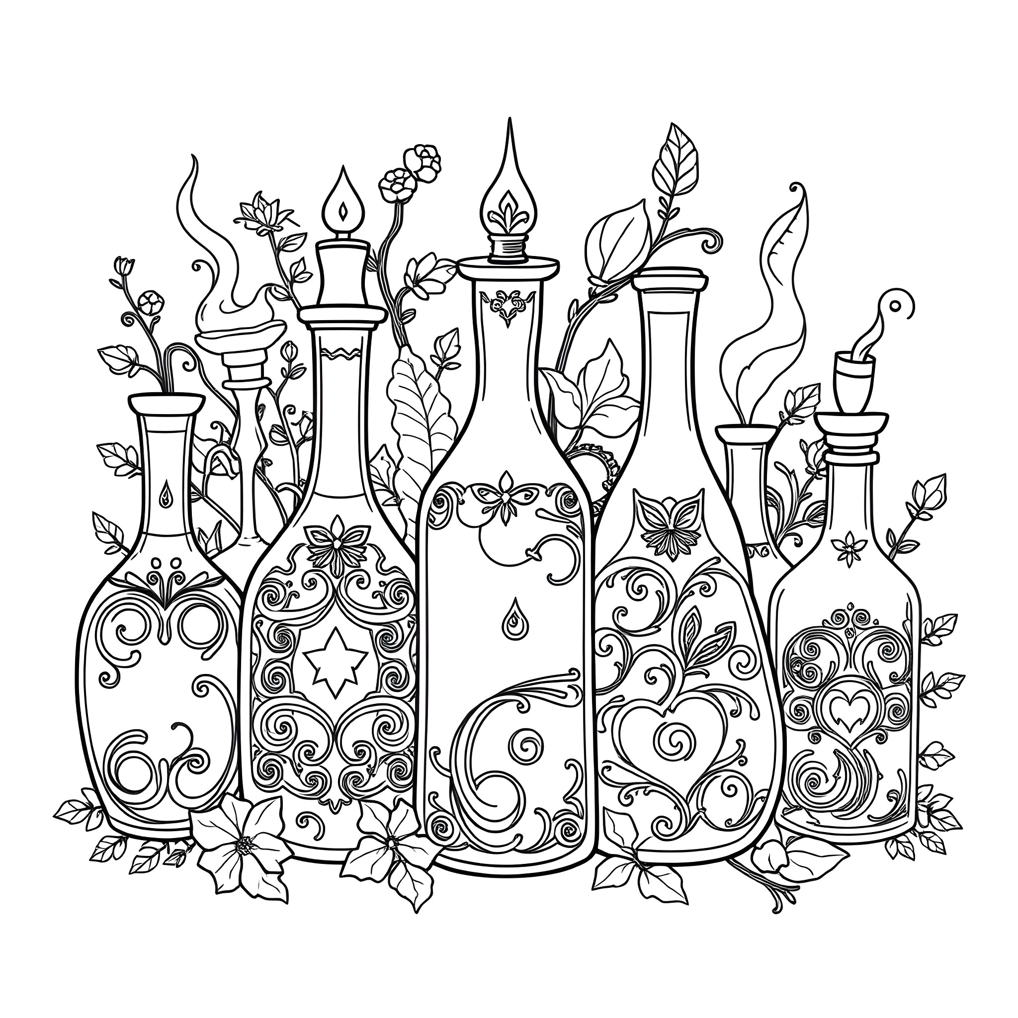 Potion bottles with whimsical floral designs Coloring Page (free black-and-white line drawing printable PDF for all, from beginners to advanced learners, including children, teens, adults, and seniors)