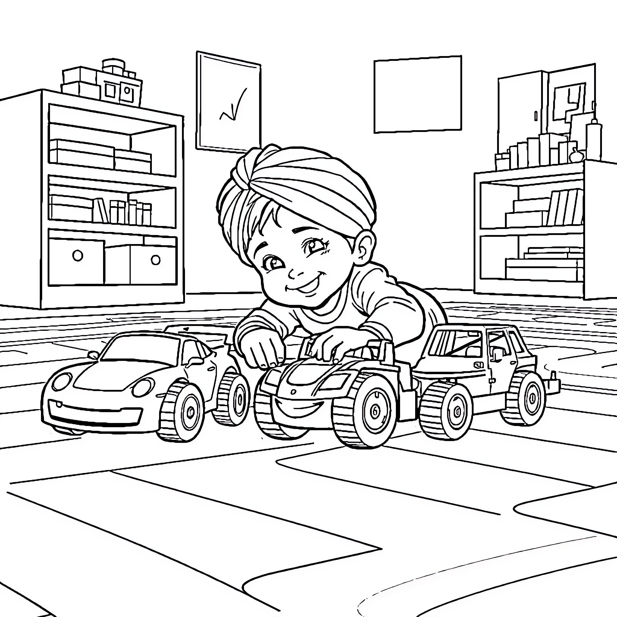 Isharjeet Singh playing happily with toy cars in his room Coloring Page (free black-and-white line drawing printable PDF for all, from beginners to advanced learners, including children, teens, adults, and seniors)