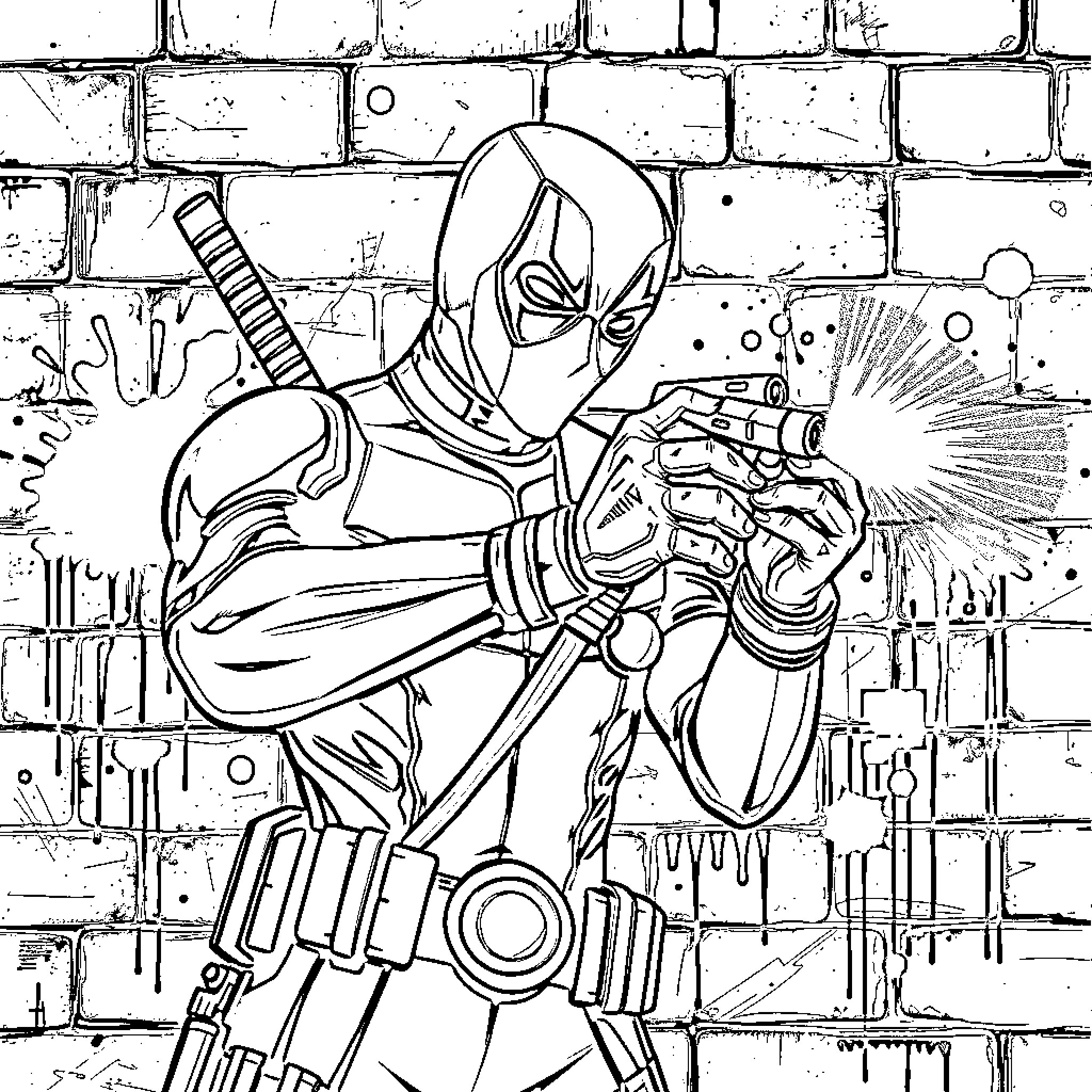 Deadpool firing weapons against a brick wall Coloring Page (free black-and-white line drawing printable PDF for all, from beginners to advanced learners, including children, teens, adults, and seniors)