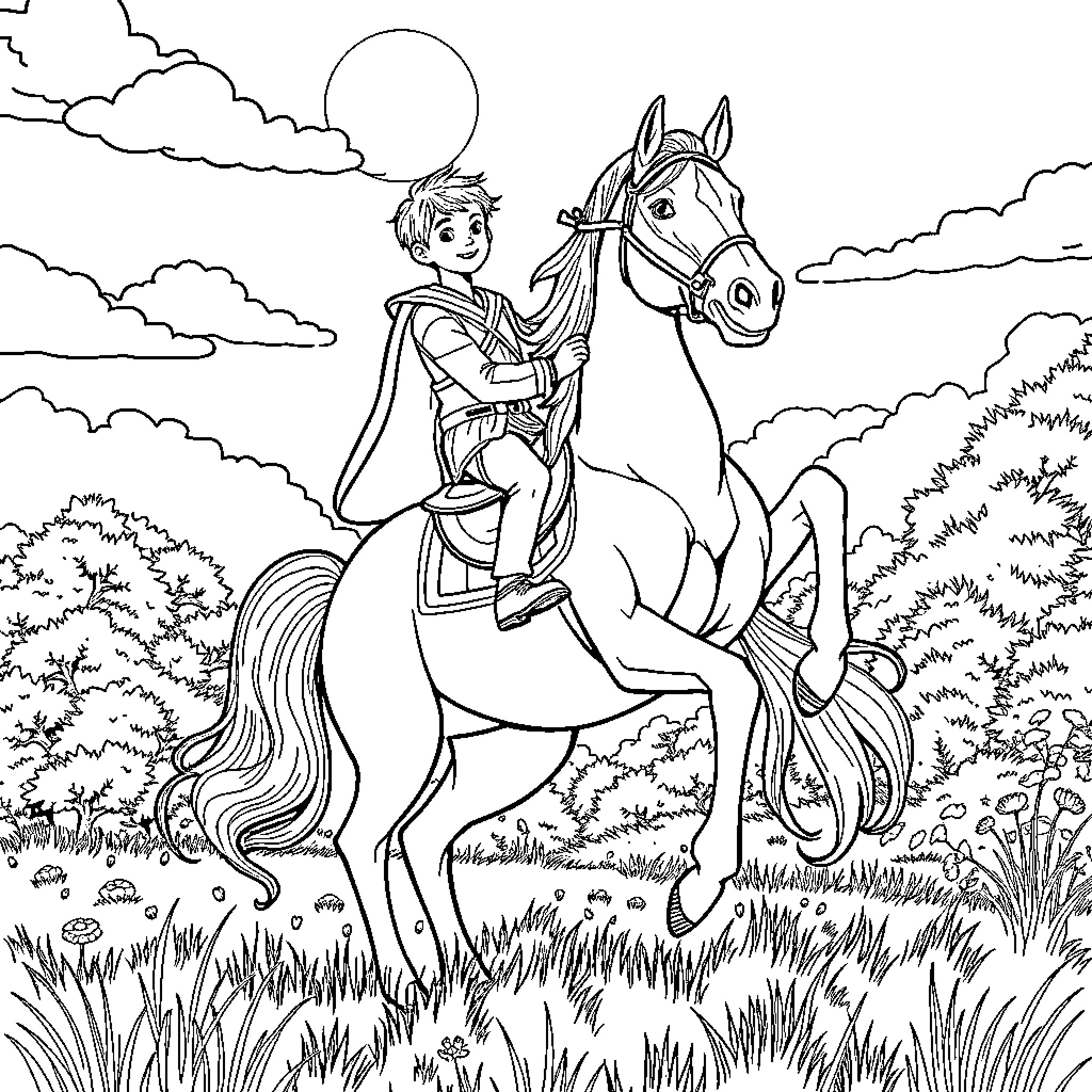 Prince on a Magnificent Horse in Enchanting Landscape Coloring Page (free black-and-white line drawing printable PDF for all, from beginners to advanced learners, including children, teens, adults, and seniors)