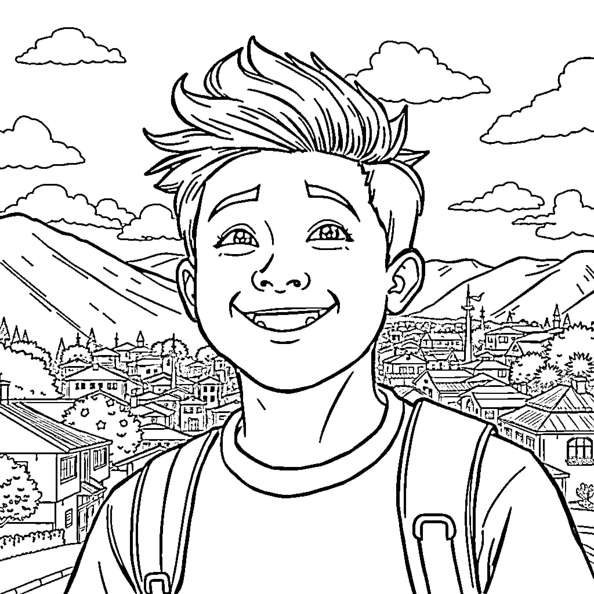 Moroni's Joyful Exploration of the City Landscape Coloring Page (free black-and-white line drawing printable PDF for all, from beginners to advanced learners, including children, teens, adults, and seniors)