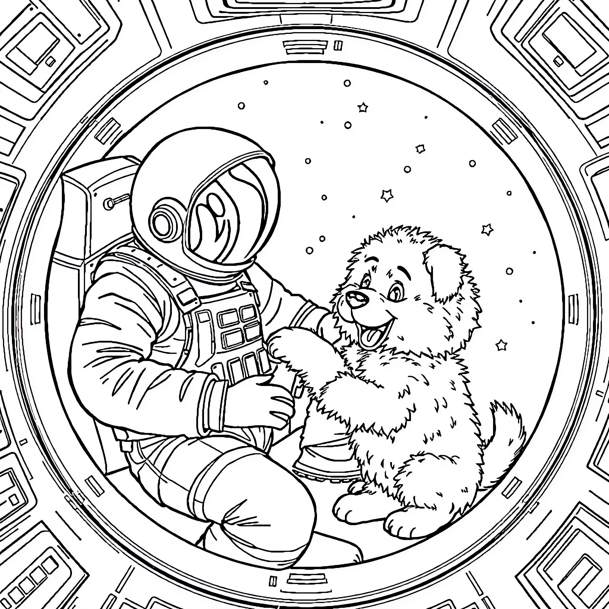 Astronaut petting an adorable space dog Coloring Page (free black-and-white line drawing printable PDF for all, from beginners to advanced learners, including children, teens, adults, and seniors)