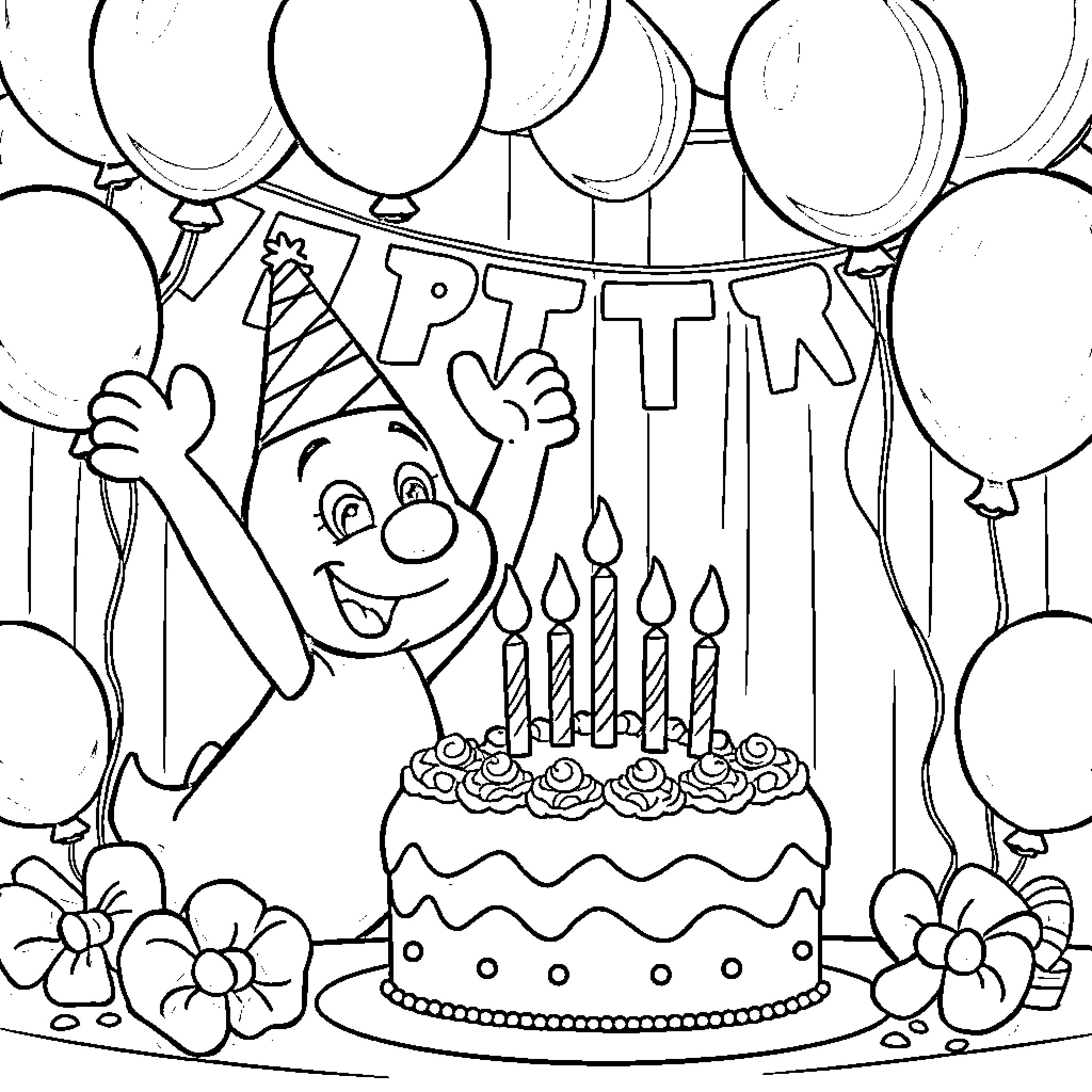 Bluey's Birthday Party with Balloons and Cake Coloring Page (free black-and-white line drawing printable PDF for all, from beginners to advanced learners, including children, teens, adults, and seniors)