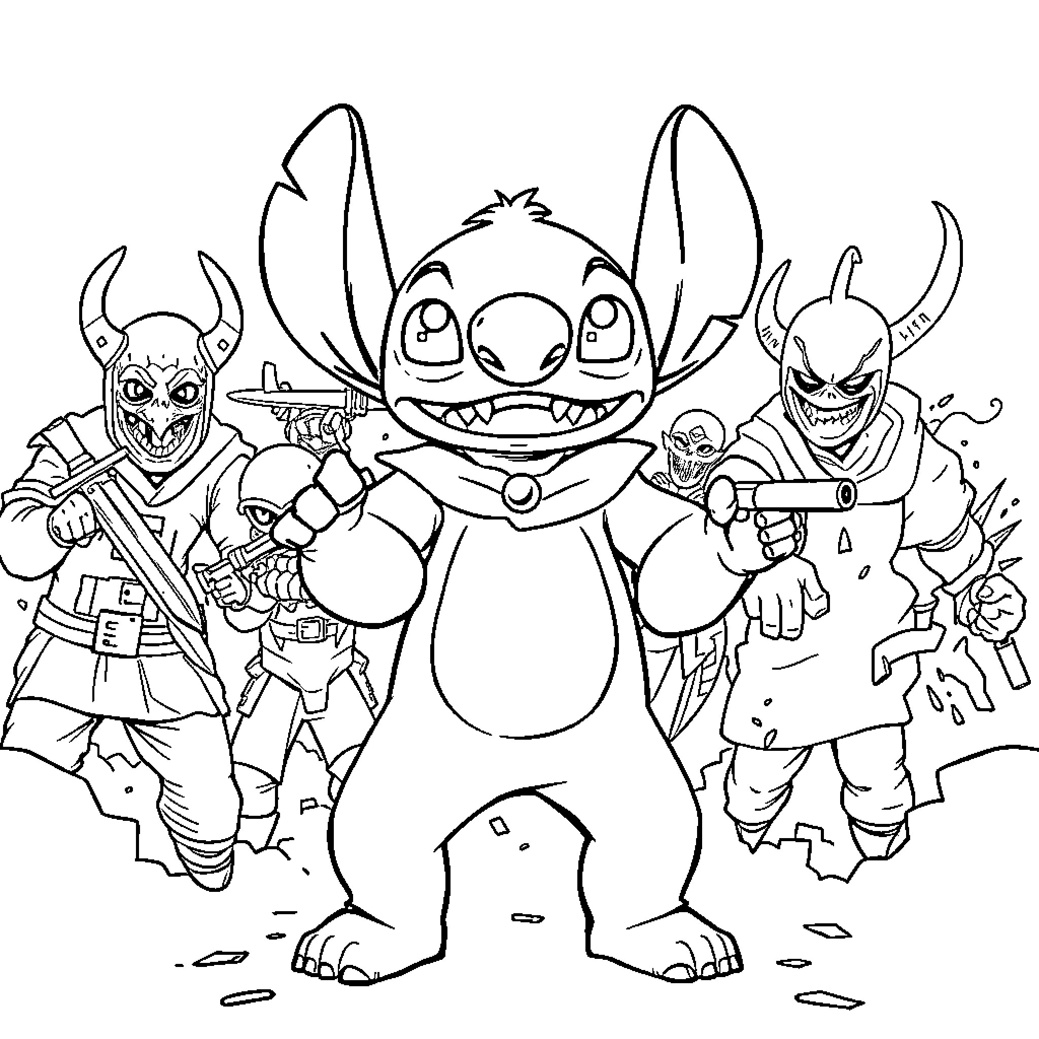 Stitch and friends in an adventure Coloring Page (free black-and-white line drawing printable PDF for all, from beginners to advanced learners, including children, teens, adults, and seniors)