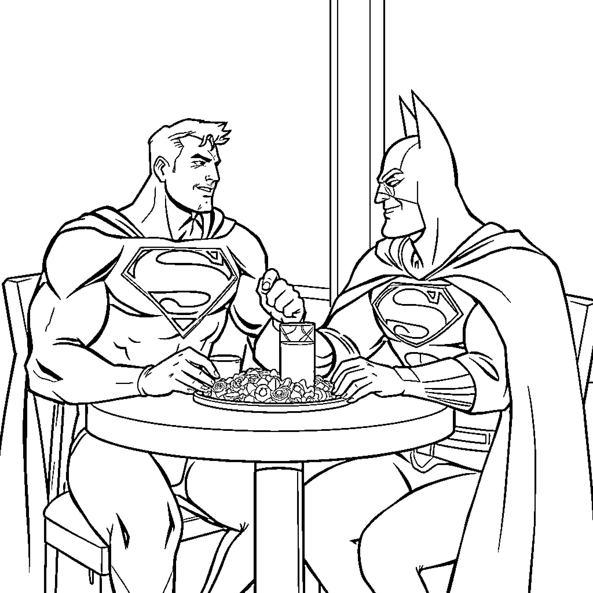 Superman and Batman enjoying snacks together Coloring Page (free black-and-white line drawing printable PDF for all, from beginners to advanced learners, including children, teens, adults, and seniors)