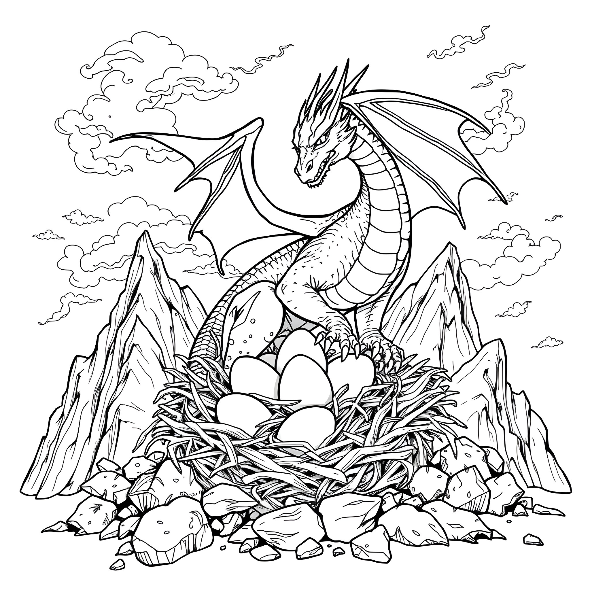Dragon guarding its treasure-filled nest Coloring Page (free black-and-white line drawing printable PDF for all, from beginners to advanced learners, including children, teens, adults, and seniors)