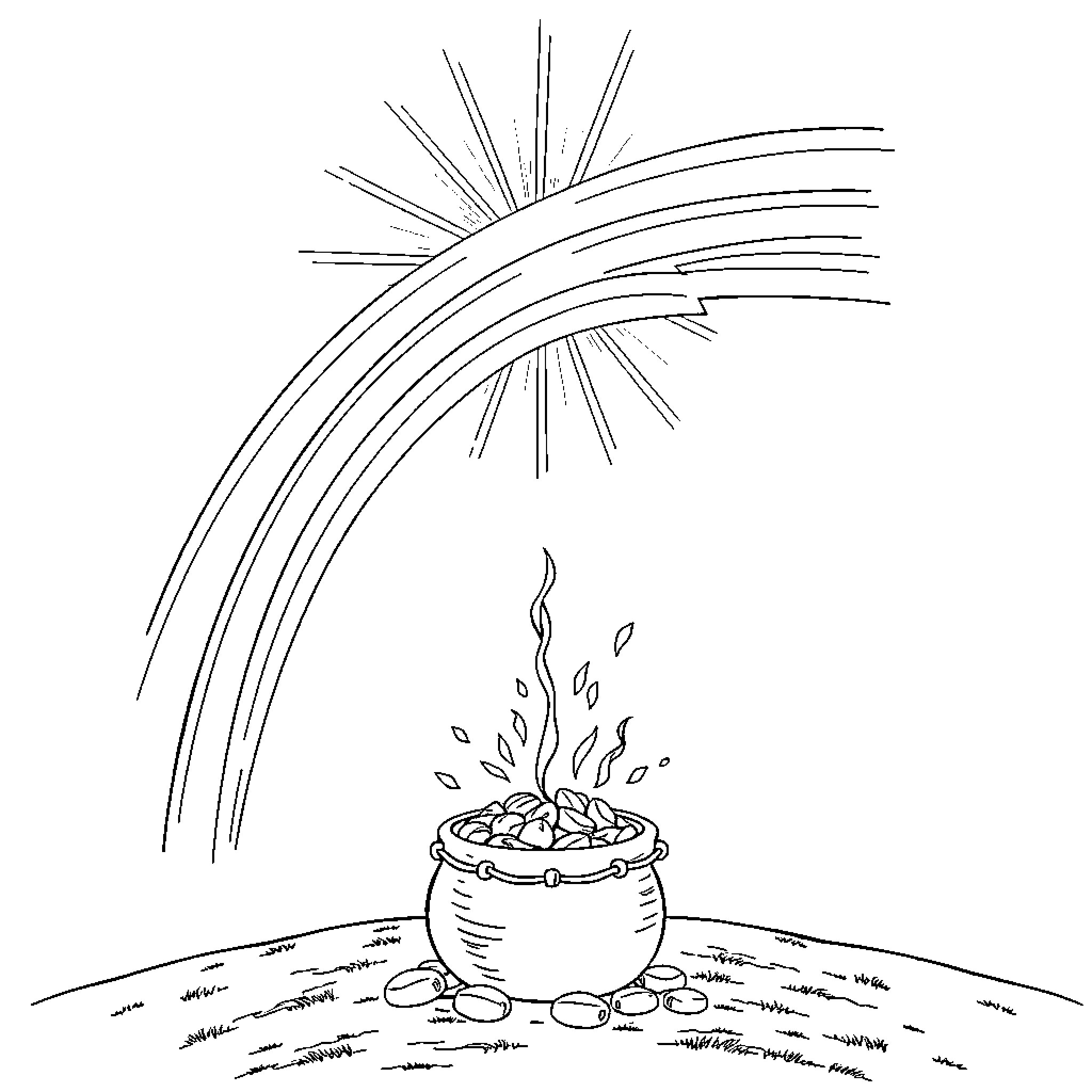 Rainbow Pot of Gold Sparkles Coloring Page (free black-and-white line drawing printable PDF for all, from beginners to advanced learners, including children, teens, adults, and seniors)
