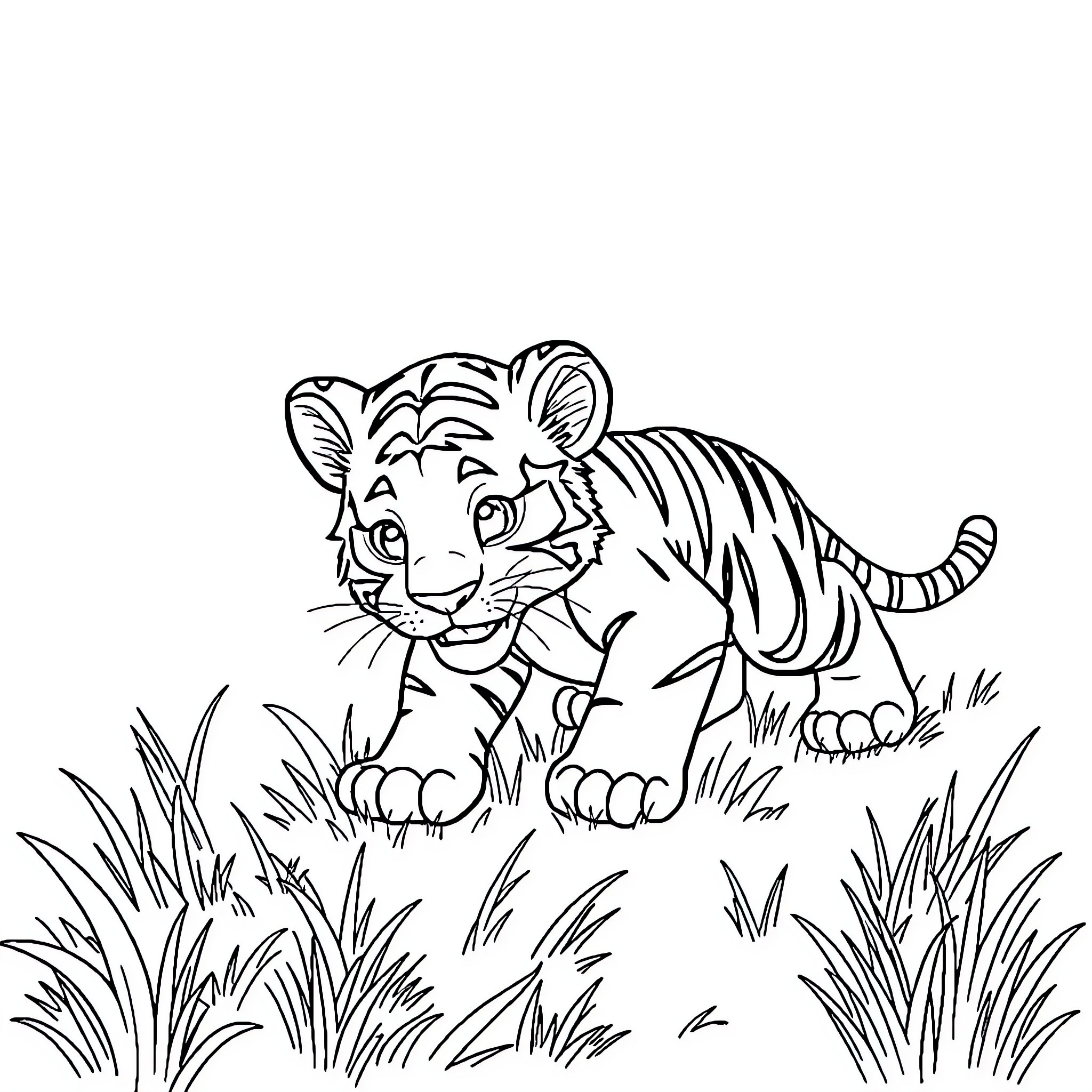 Tiger cub exploring the grassy meadow Coloring Page (free black-and-white line drawing printable PDF for all, from beginners to advanced learners, including children, teens, adults, and seniors)
