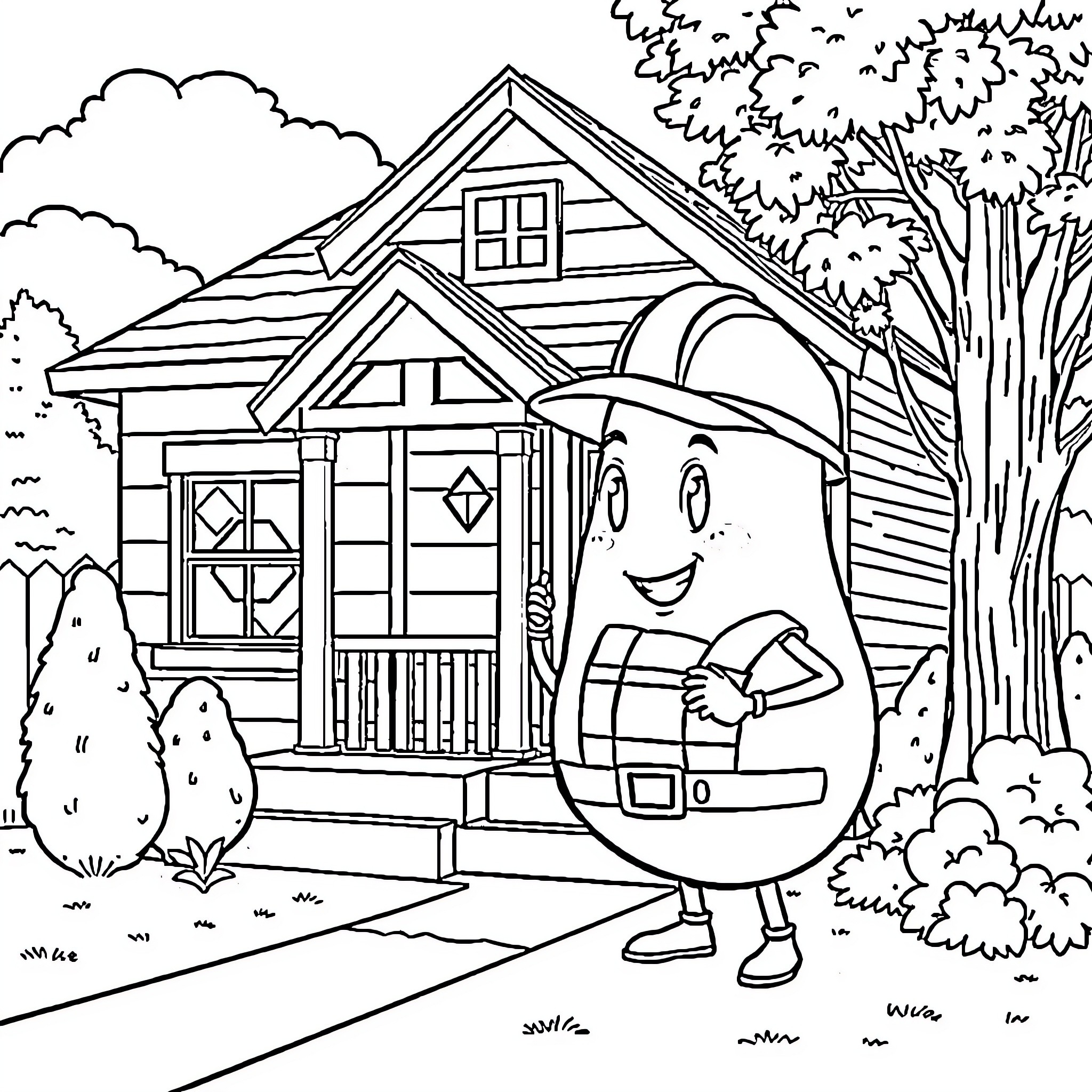Avocado character exploring cozy log cabin Coloring Page (free black-and-white line drawing printable PDF for all, from beginners to advanced learners, including children, teens, adults, and seniors)