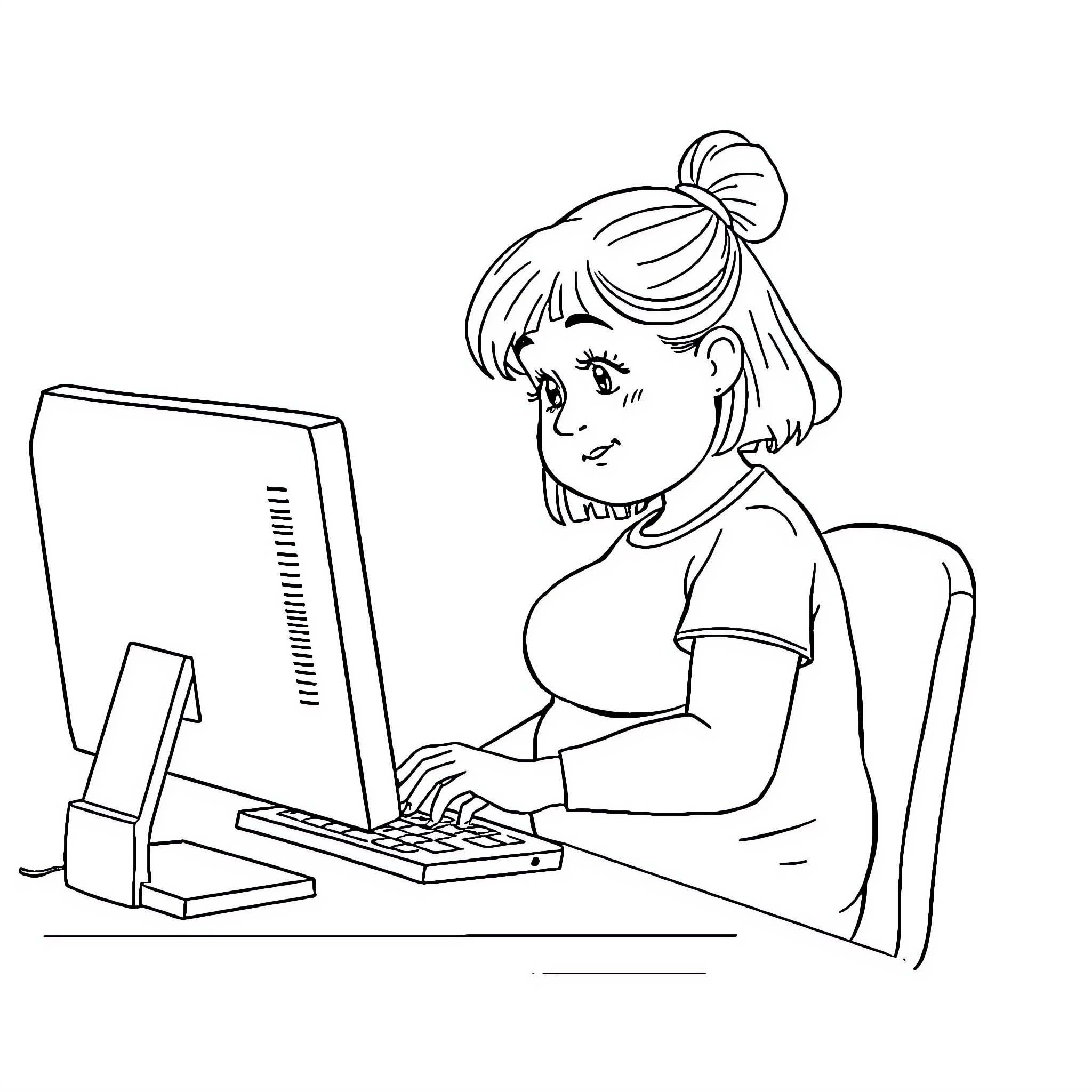 Girl focused on computer screen Coloring Page (free black-and-white line drawing printable PDF for all, from beginners to advanced learners, including children, teens, adults, and seniors)