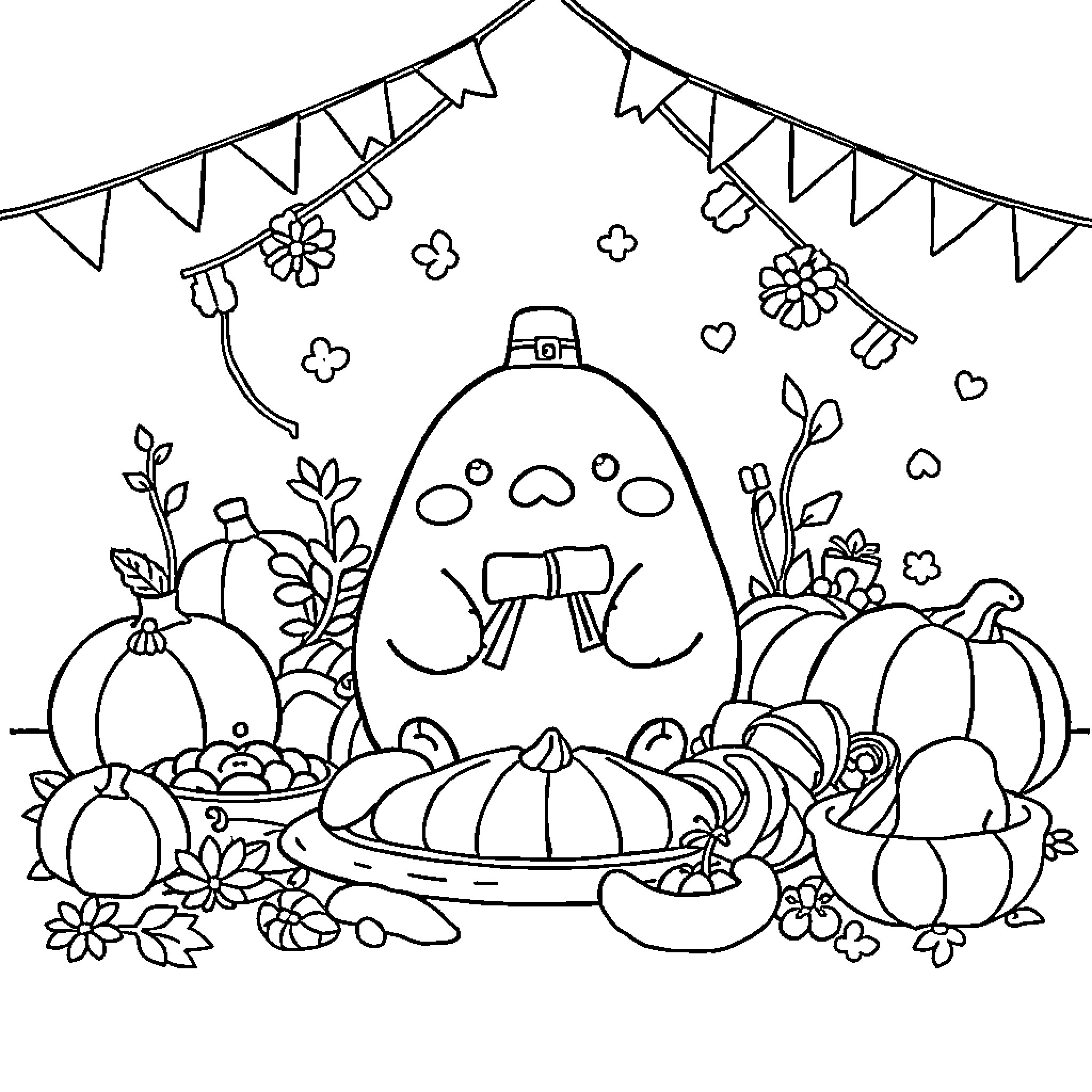 Gudetama enjoying a festive autumn scene Coloring Page (free black-and-white line drawing printable PDF for all, from beginners to advanced learners, including children, teens, adults, and seniors)