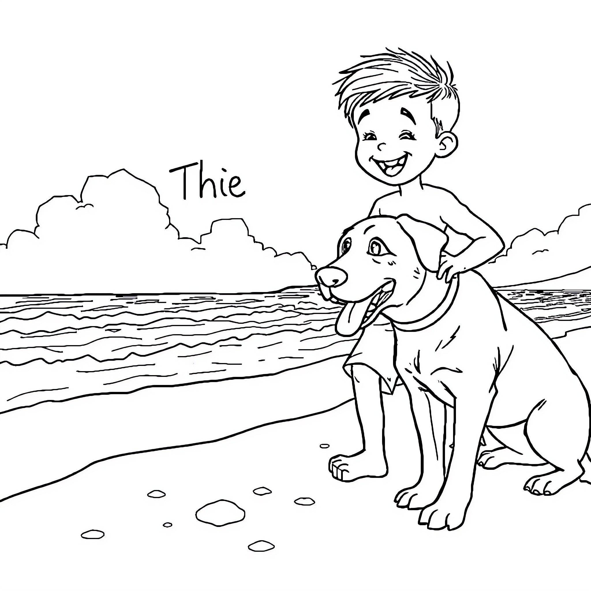 Boy and his dog playing at the beach Coloring Page (free black-and-white line drawing printable PDF for all, from beginners to advanced learners, including children, teens, adults, and seniors)