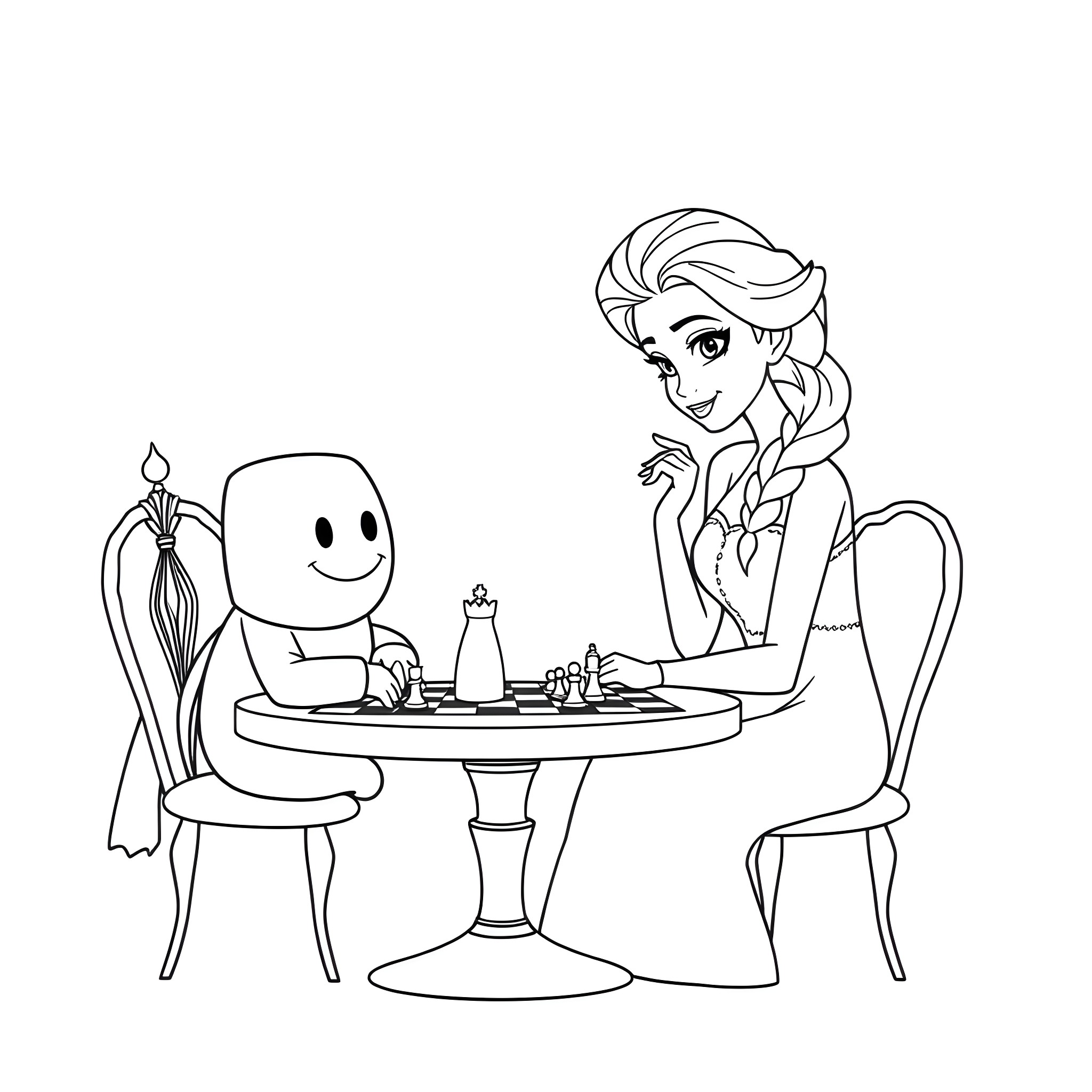 Elsa enjoying a tea party with a happy smiley character Coloring Page (free black-and-white line drawing printable PDF for all, from beginners to advanced learners, including children, teens, adults, and seniors)