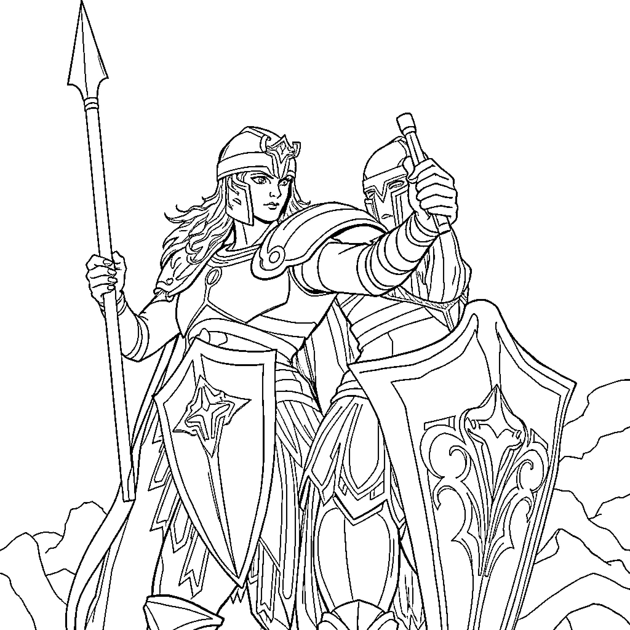 Saint Seiya: Heroic Warrior Wielding Majestic Armor and Weapon Coloring Page (free black-and-white line drawing printable PDF for all, from beginners to advanced learners, including children, teens, adults, and seniors)