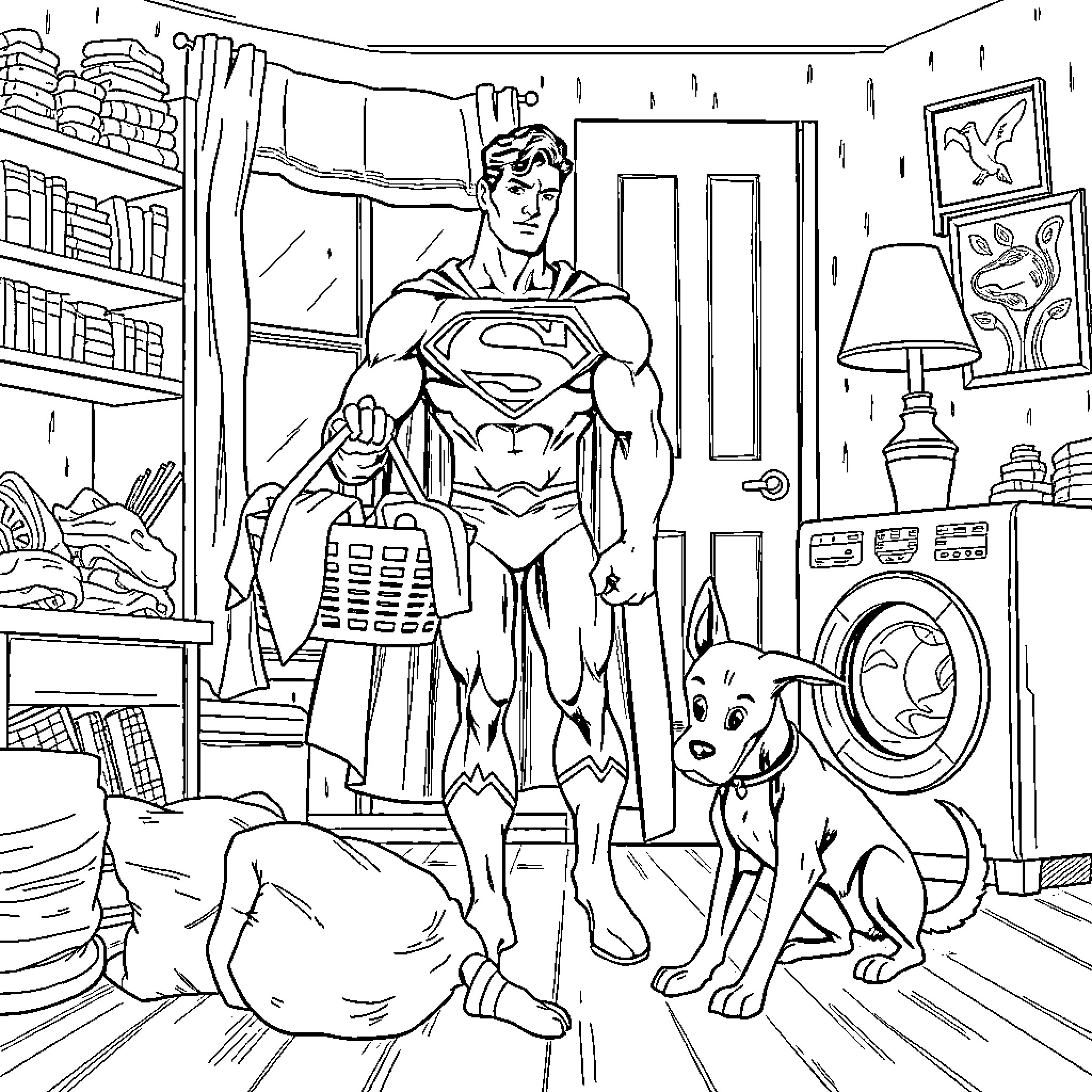 Superman assisting a furry companion in a cozy study Coloring Page (free black-and-white line drawing printable PDF for all, from beginners to advanced learners, including children, teens, adults, and seniors)