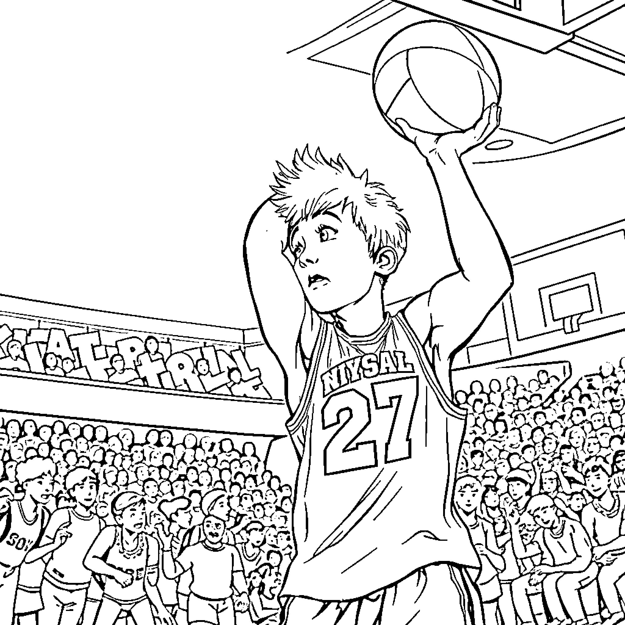Kid playing basketball in a sports arena Coloring Page (free black-and-white line drawing printable PDF for all, from beginners to advanced learners, including children, teens, adults, and seniors)