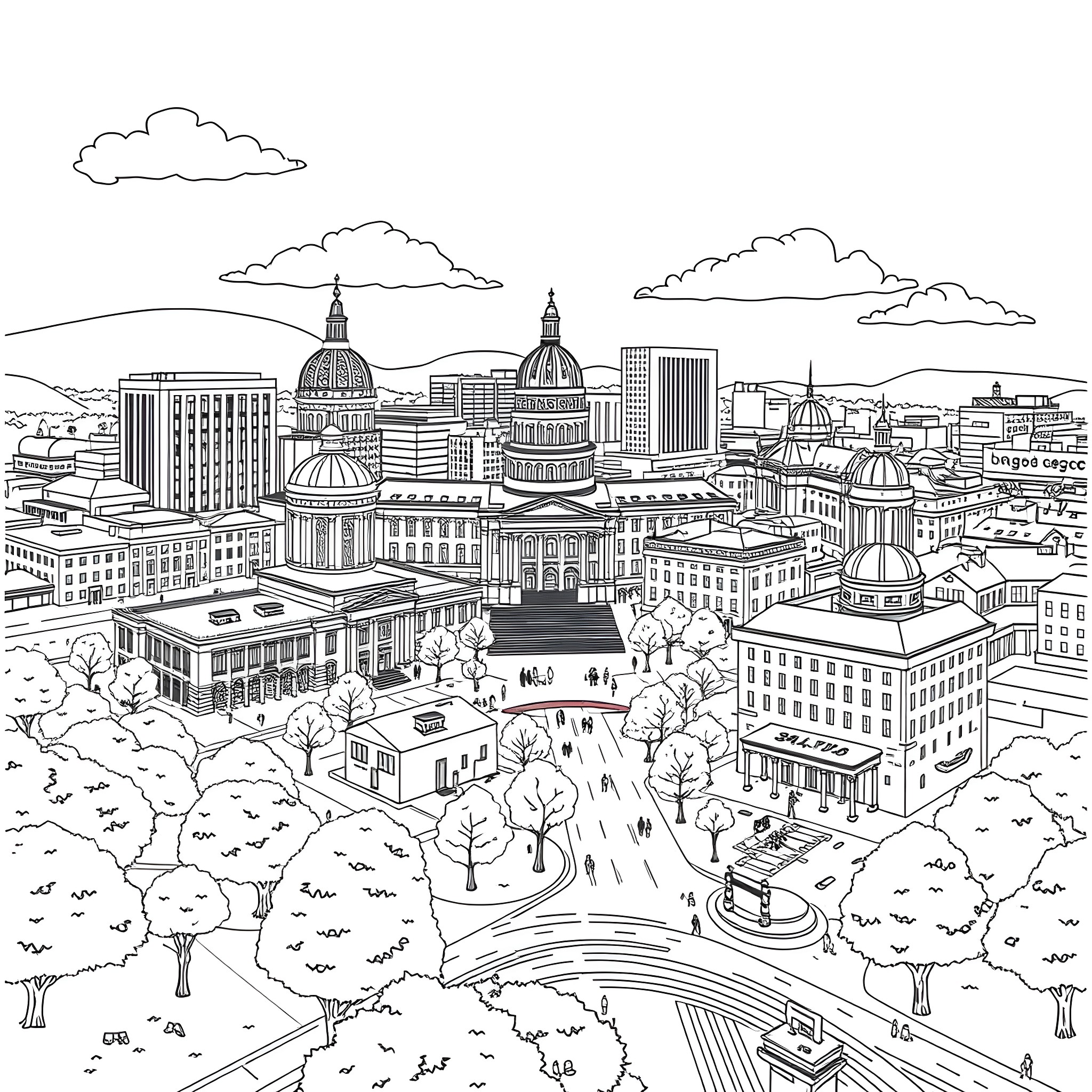 Salem Cityscape: Architectural Wonders of the Urban Landscape Coloring Page (free black-and-white line drawing printable PDF for all, from beginners to advanced learners, including children, teens, adults, and seniors)