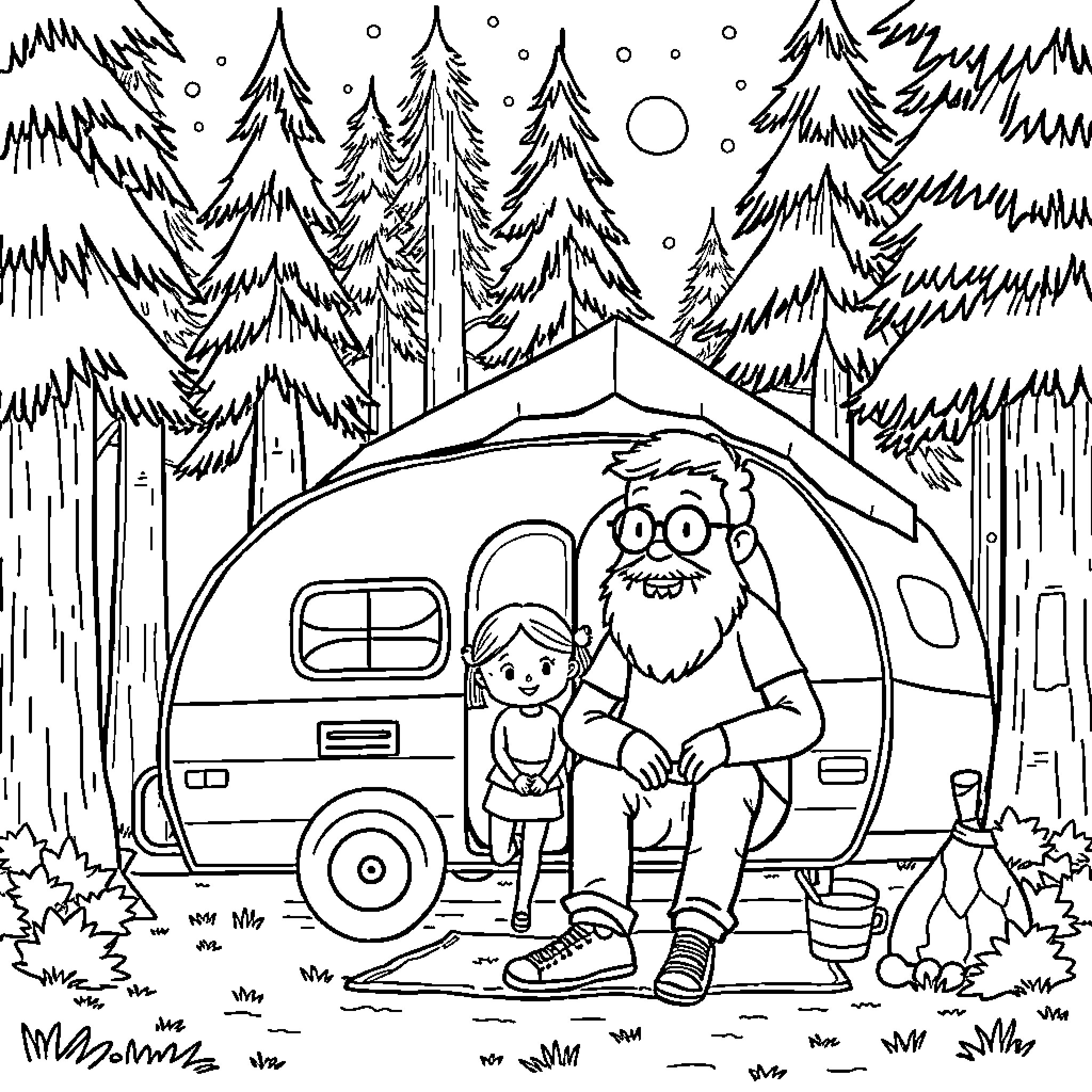 Girl camping with bearded man in the forest Coloring Page (free black-and-white line drawing printable PDF for all, from beginners to advanced learners, including children, teens, adults, and seniors)