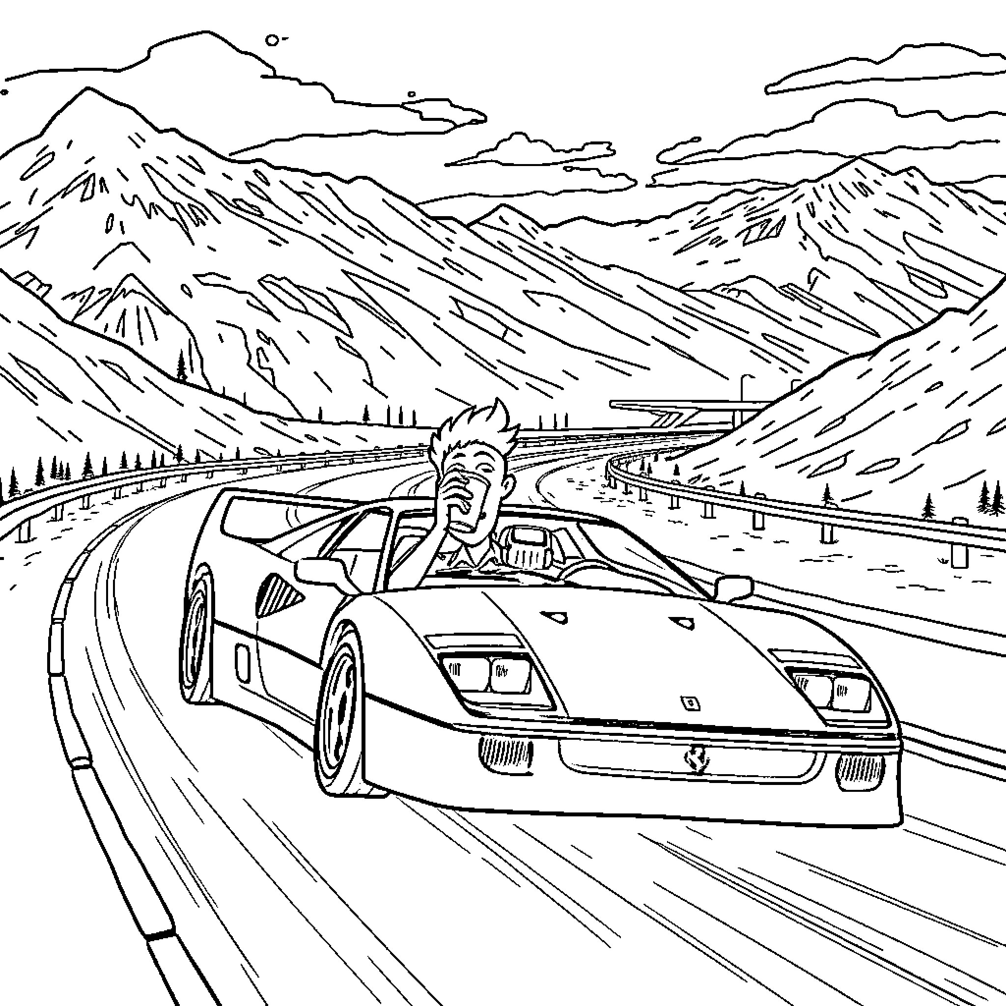 Senku's High-Speed Adventure on the Road Coloring Page (free black-and-white line drawing printable PDF for all, from beginners to advanced learners, including children, teens, adults, and seniors)