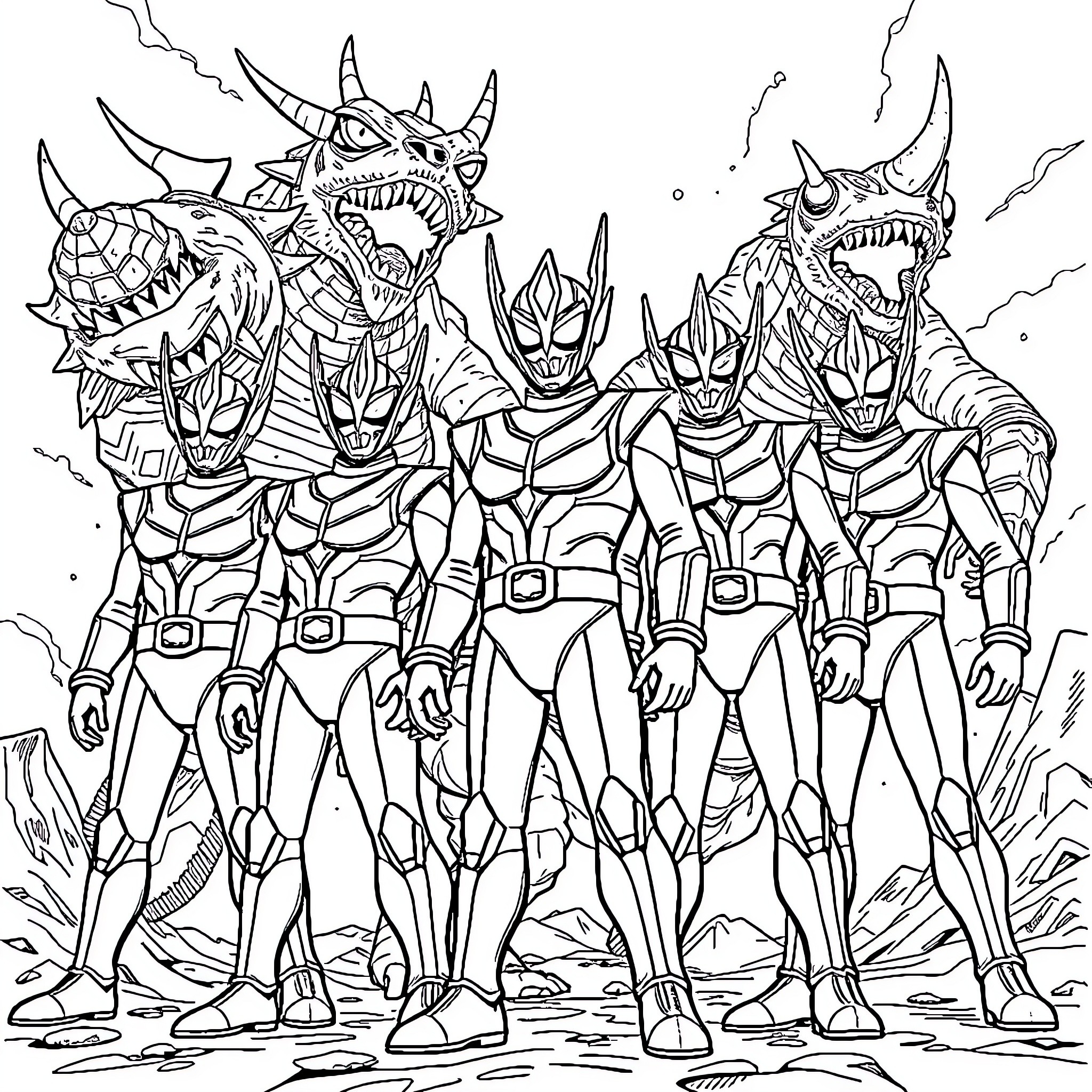 Ultraman heroes fight against fearsome monsters Coloring Page (free black-and-white line drawing printable PDF for all, from beginners to advanced learners, including children, teens, adults, and seniors)