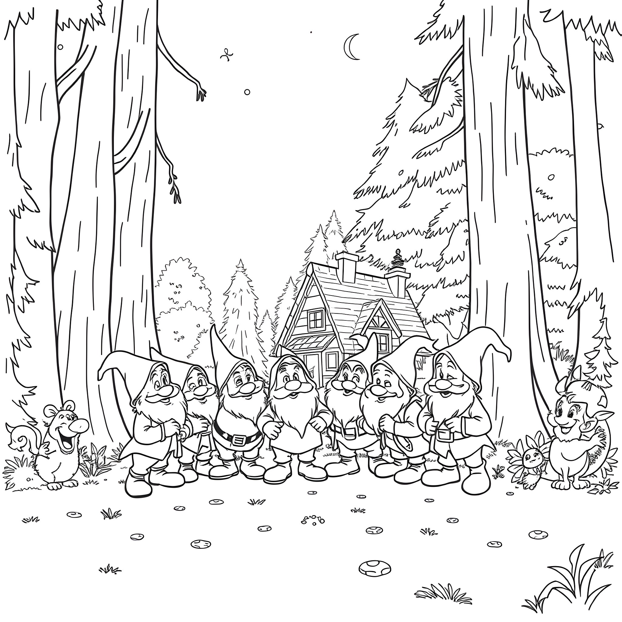 Dwarf dwarves exploring the enchanted forest Coloring Page (free black-and-white line drawing printable PDF for all, from beginners to advanced learners, including children, teens, adults, and seniors)
