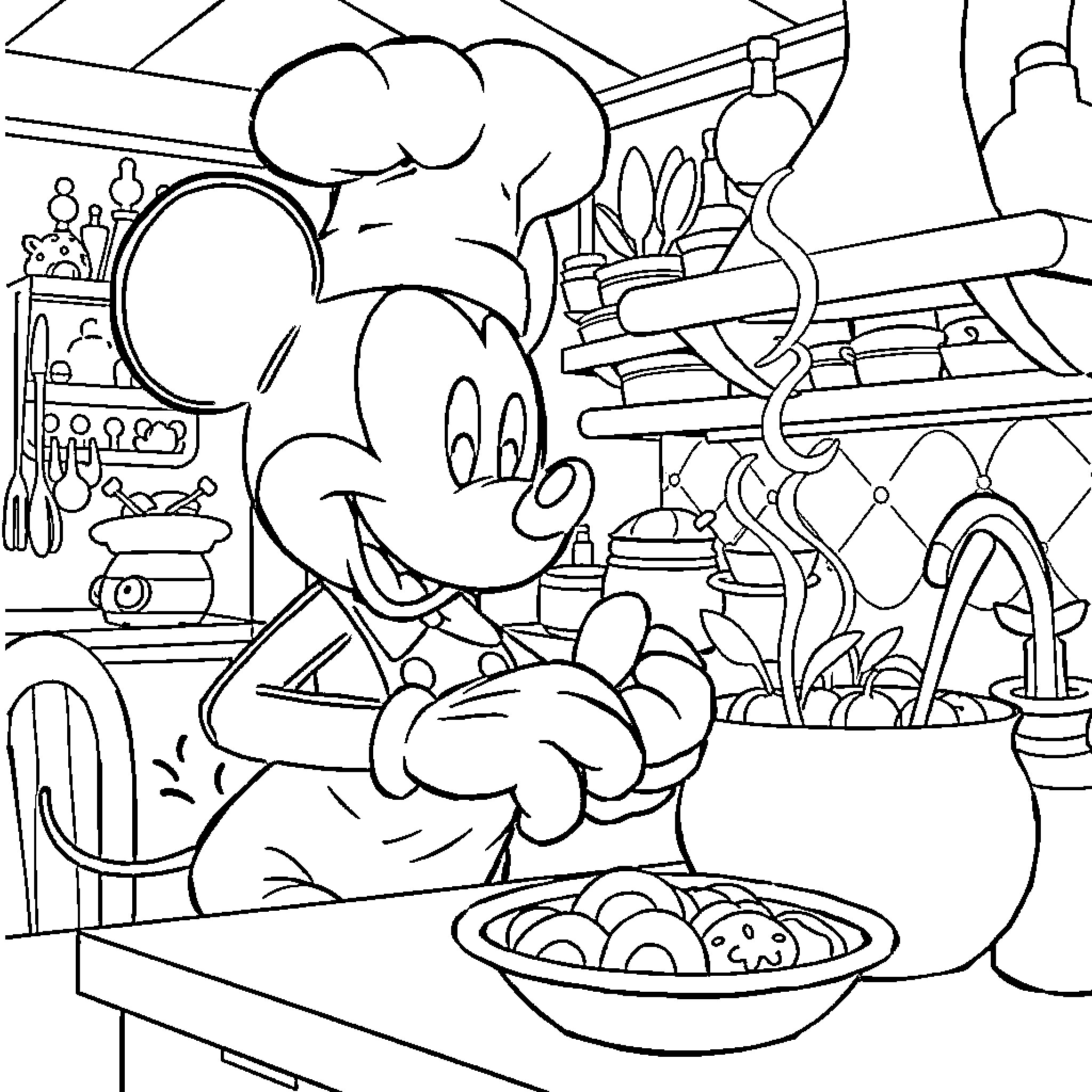 Mickey's Cooking Adventures in the Kitchen Coloring Page (free black-and-white line drawing printable PDF for all, from beginners to advanced learners, including children, teens, adults, and seniors)