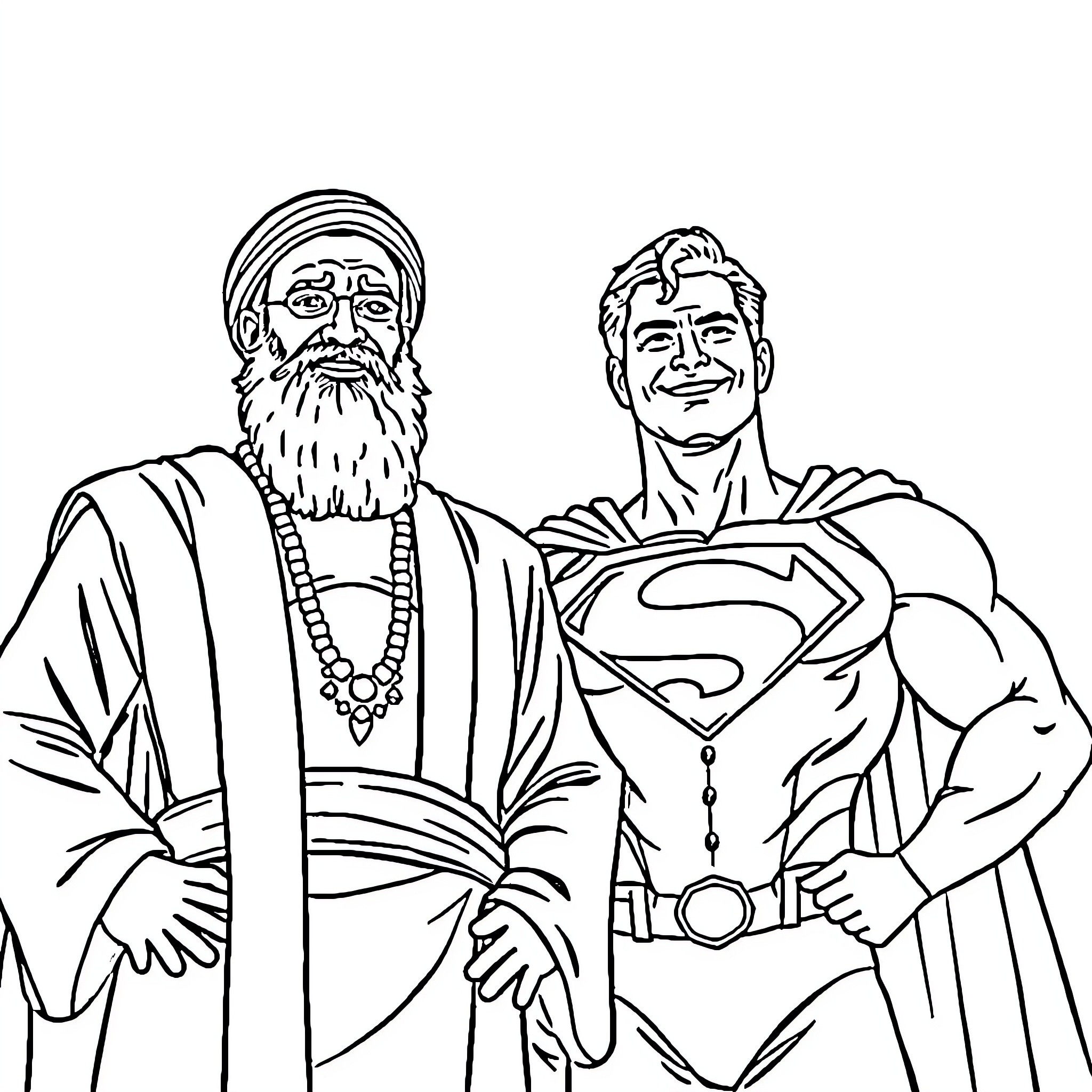 Rumi and Superman in heroic poses Coloring Page (free black-and-white line drawing printable PDF for all, from beginners to advanced learners, including children, teens, adults, and seniors)