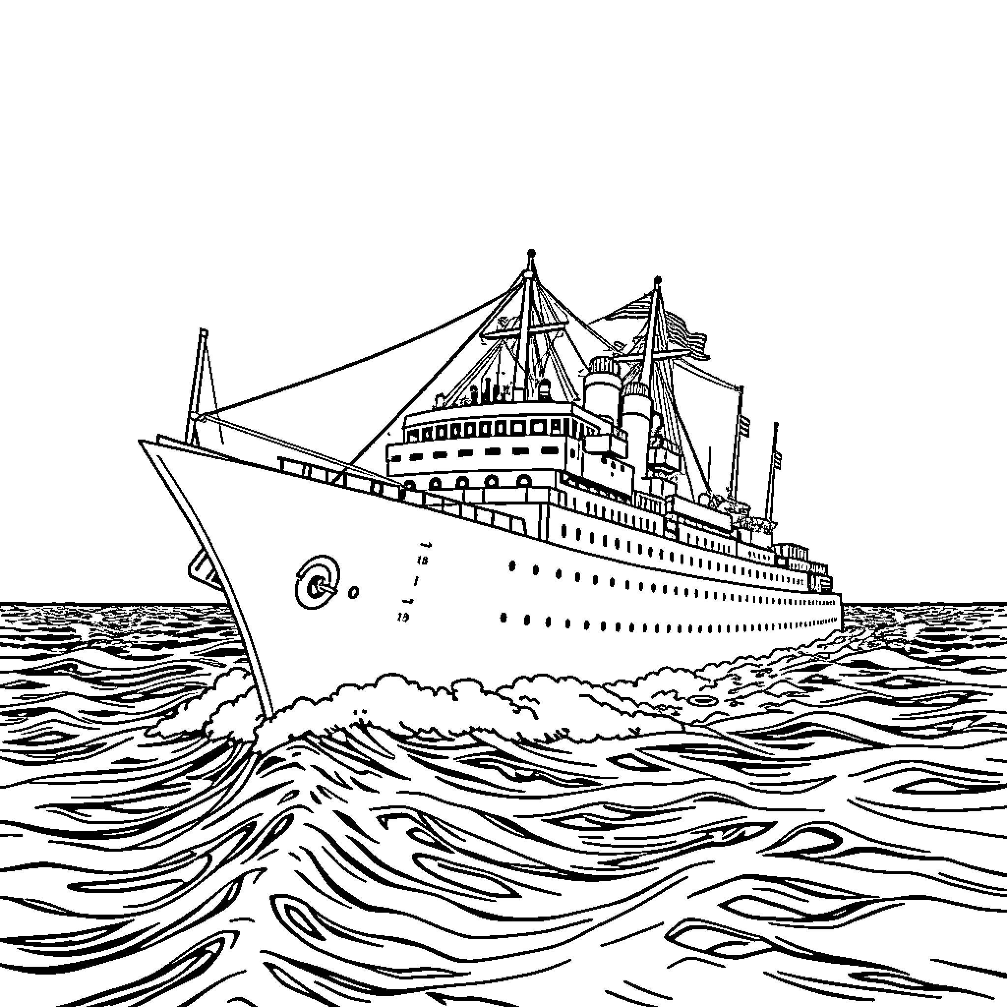 Warship navigating through turbulent seas Coloring Page (free black-and-white line drawing printable PDF for all, from beginners to advanced learners, including children, teens, adults, and seniors)