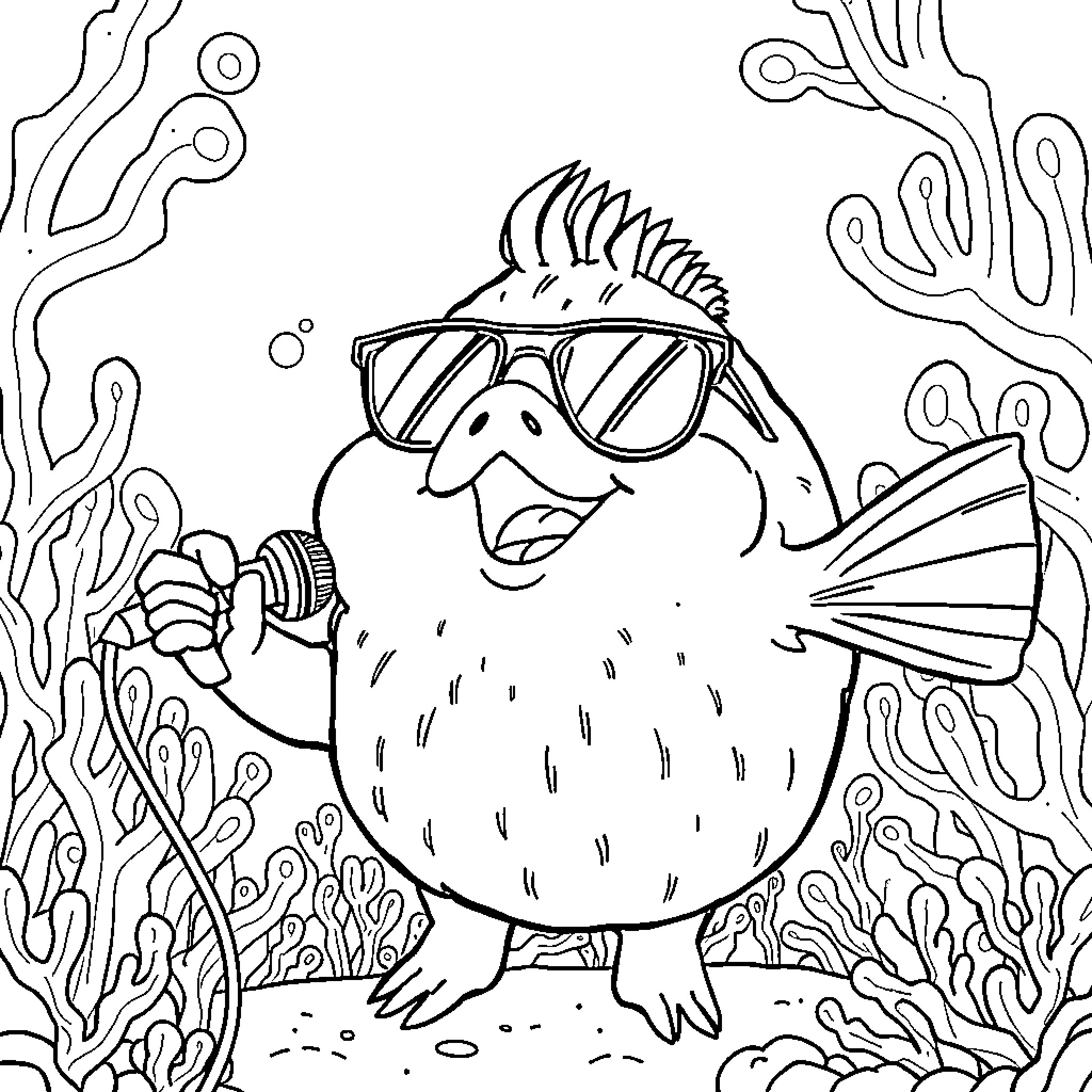 Pufferfish wearing cool sunglasses under the sea Coloring Page (free black-and-white line drawing printable PDF for all, from beginners to advanced learners, including children, teens, adults, and seniors)