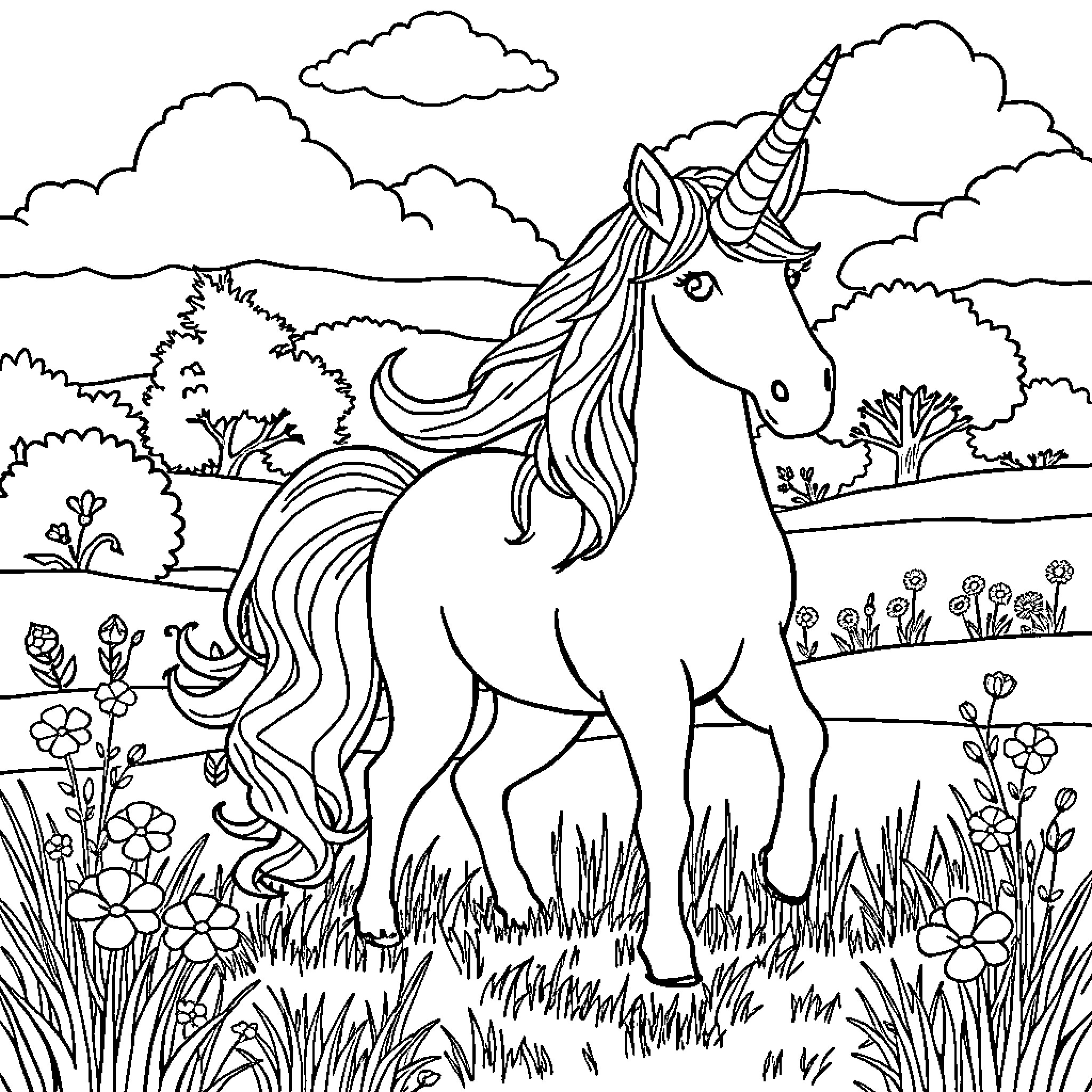 Unicorn standing gracefully in a peaceful meadow Coloring Page (free black-and-white line drawing printable PDF for all, from beginners to advanced learners, including children, teens, adults, and seniors)